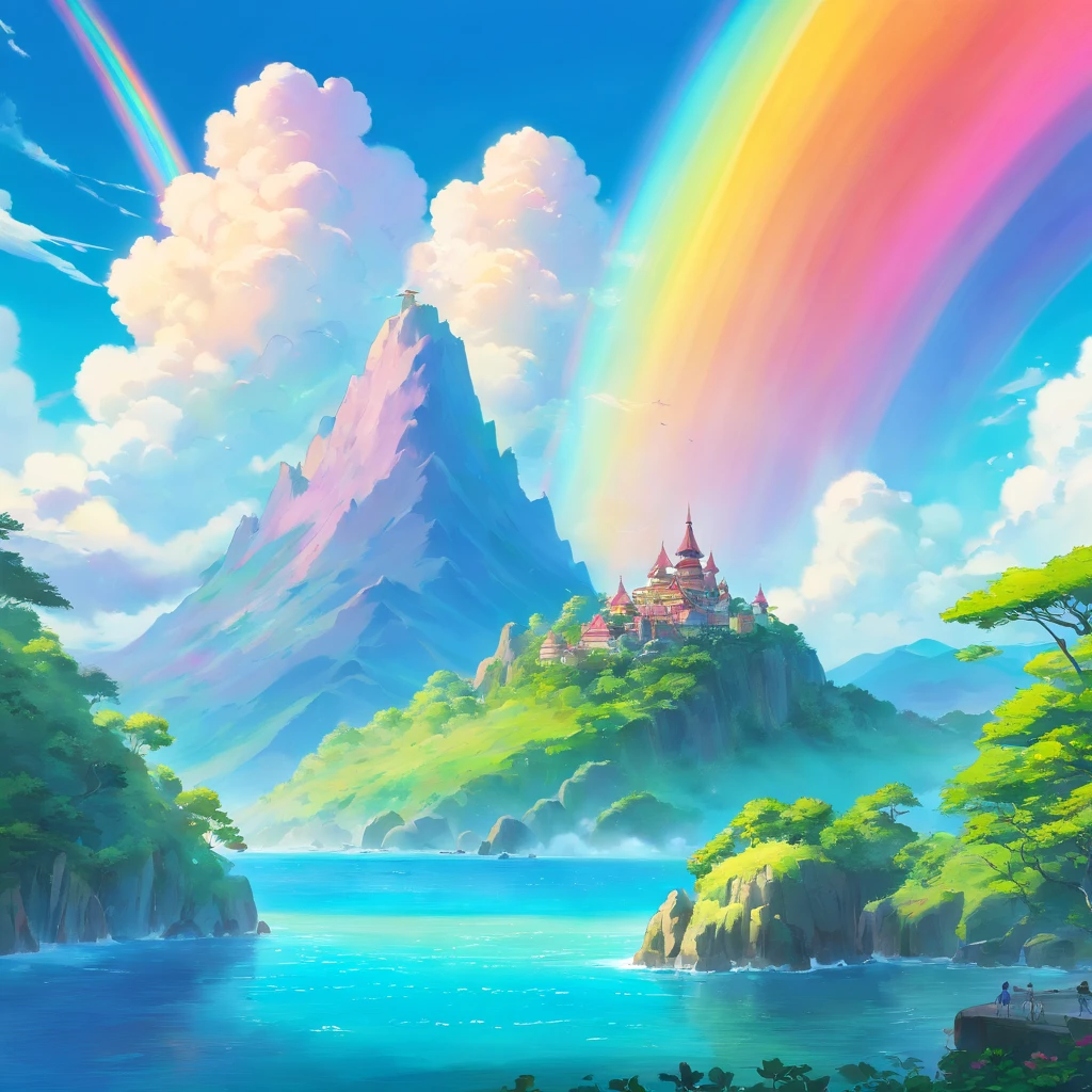 landscape,rainbow in the sky,A luxurious horizon,Sparkling seawater,Lush greenery,exotic plants,mysterious creature,Fantasy world,Enchanting atmosphere,shining sun,Soft clouds,dreamlike landscapes,magical aura,serenity and calm,Untapped beauty,A harmonious blend of tones,Endless wonders,Best quality,4K,8K,A high resolution,Masterpiece:1.2,Vibrant colors,