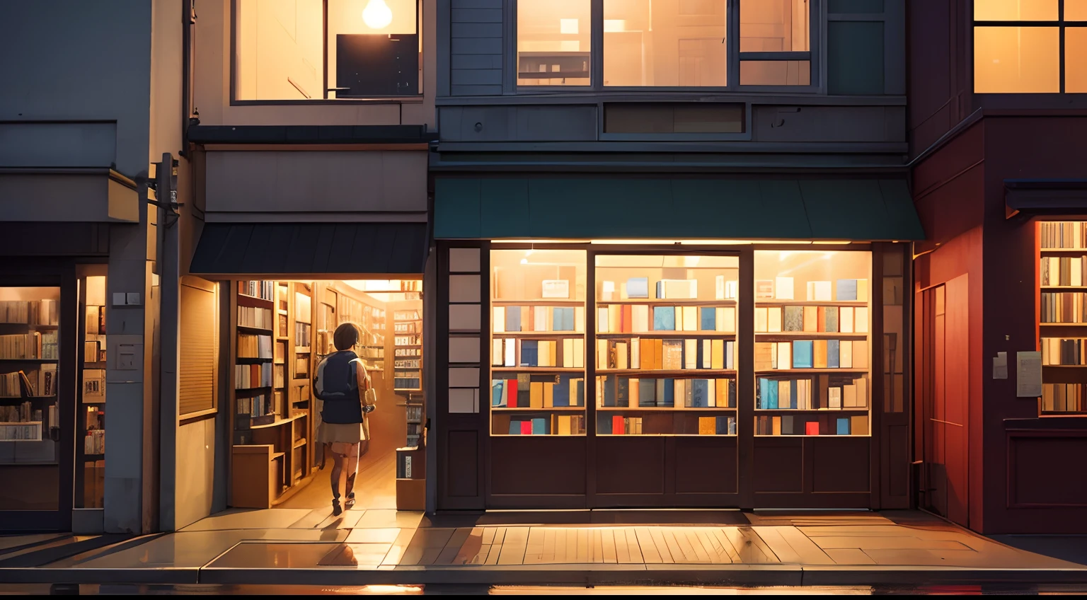 book shop, facade shot, front elevation, ((front view)) , street view, anime vibes, lofi, sunset, slight rain
