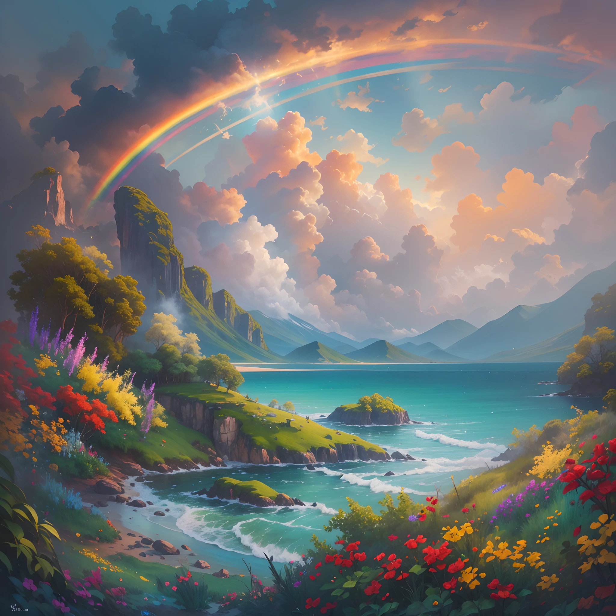 mediating:Oil painting,landscape,(rainbowing),Skysky,A luxurious horizon,Sparkling seawater,Lush greenery,exotic plants,mysterious creature,Fantasy world,Enchanting atmosphere,shining sun,Soft clouds,dreamlike landscapes,magical aura,serenity and calm,Untapped beauty,A harmonious blend of tones,Endless wonders,Best quality,4K,8K,A high resolution,Masterpiece:1.2,Vibrant colors,