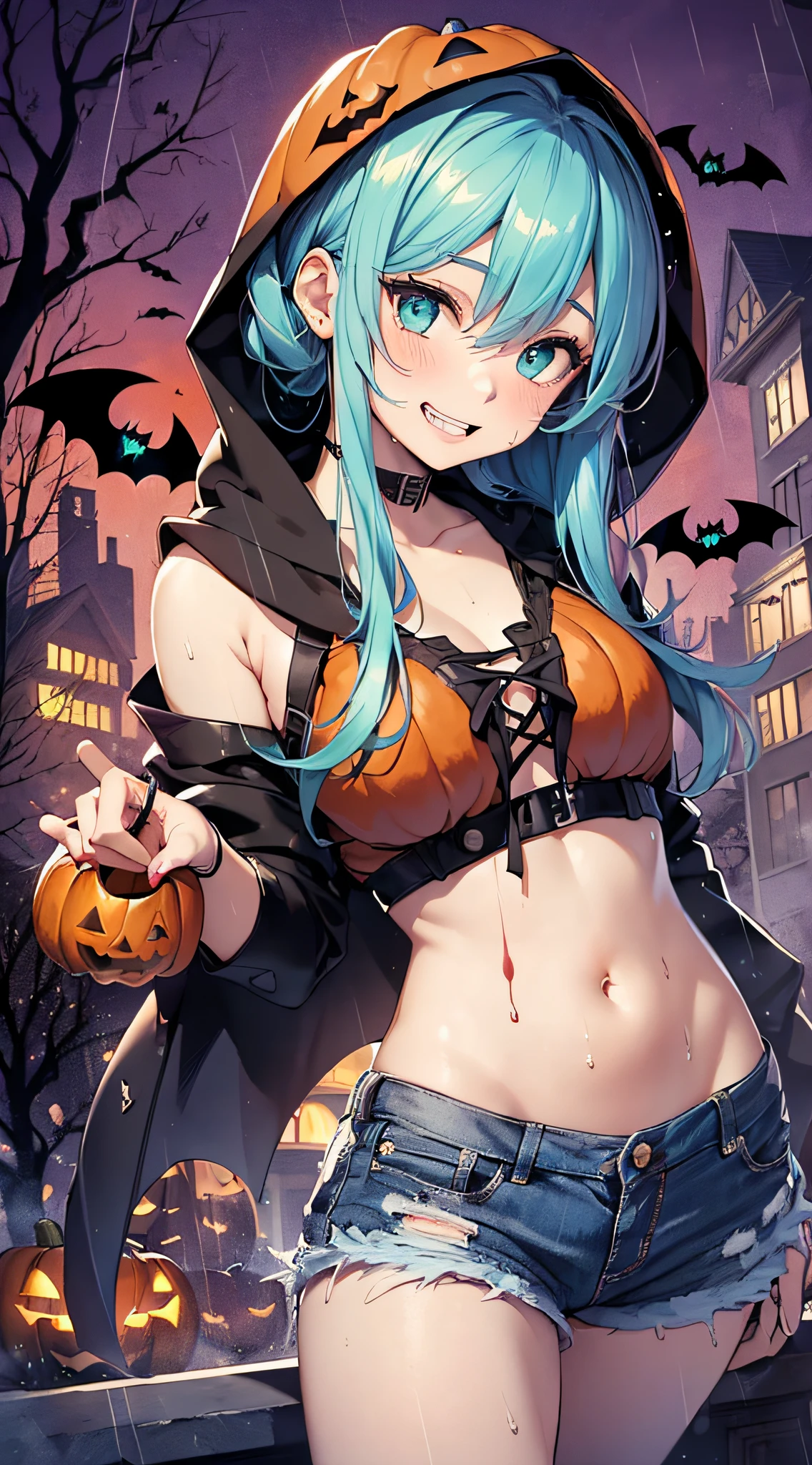 top-quality、Top image quality、masterpiece、android girl((18year old,Succubus、Black tattered tank top,Tattered blue shorts、Tattered orange short-sleeved hoodie、Wearing a hood,Best Bust、Bust 85、Light blue shiny hair、Longhaire,Blue-green eyes、open chest wide、Valley、Happiness、A slender、the whole body is wet、Leaning forward、Prank、Laughing mouth、Spread your arms、Pointed teeth、Black wings))hiquality、Beautiful Art、Background with((night cityscape、Red sky、Very heavy rain of blood,Halloween、the bats、pumpkins))、masutepiece、Elaborate design、visualart、Theatrical films