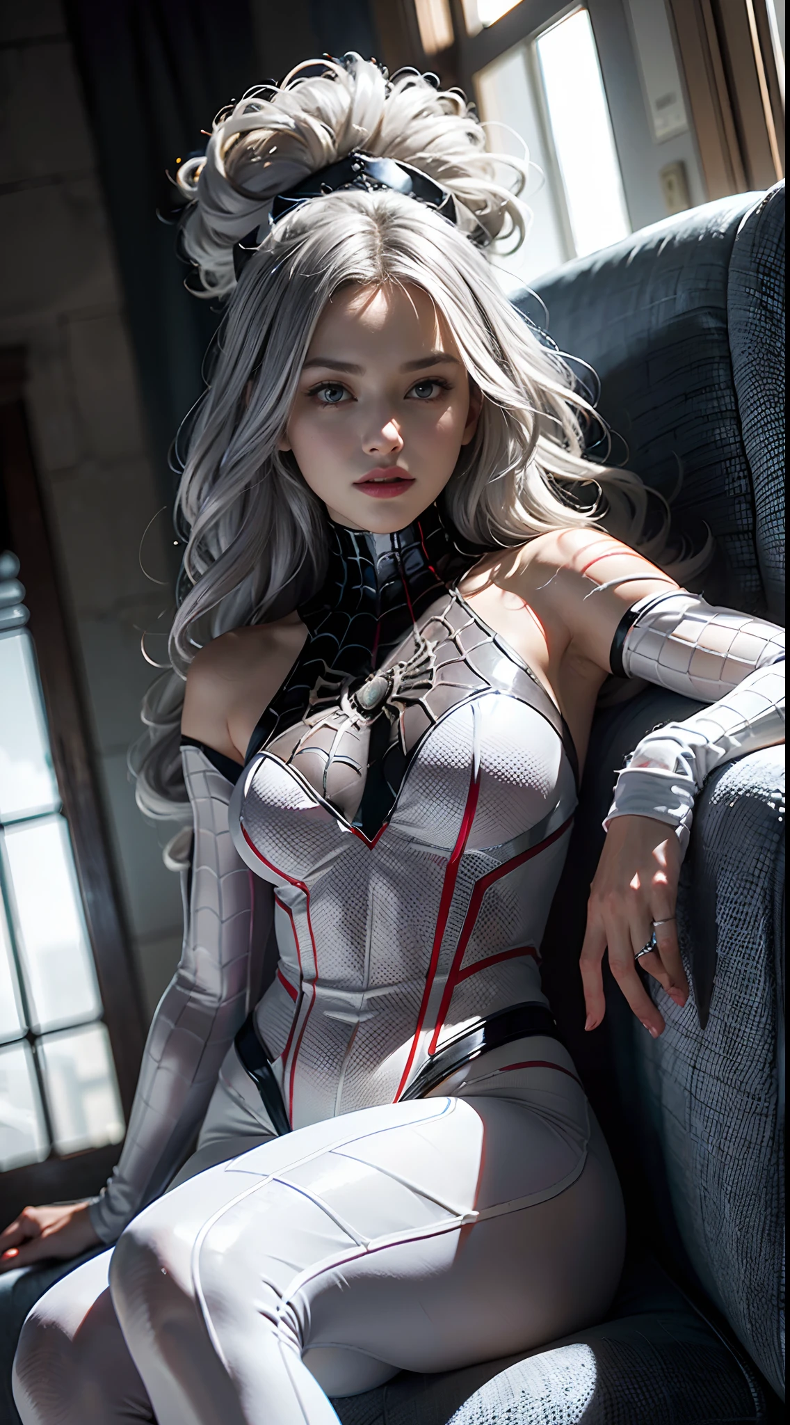 (Extreme Detail CG Unity 8K wallpaper, masterpiece, highest quality), (Exquisite lighting and shadow, highly dramatic picture, Cinematic lens effect), a girl in a white Spider-Man costume, silver gray hair color, from the Spider-Man parallel universe, Wenger, Marvel, Spider-Man, sitting on the couch, dynamic pose), (excellent detail, excellent lighting, wide angle), (excellent rendering, enough to stand out in its class), focus on white Spider-Man costumes, complex spider textures