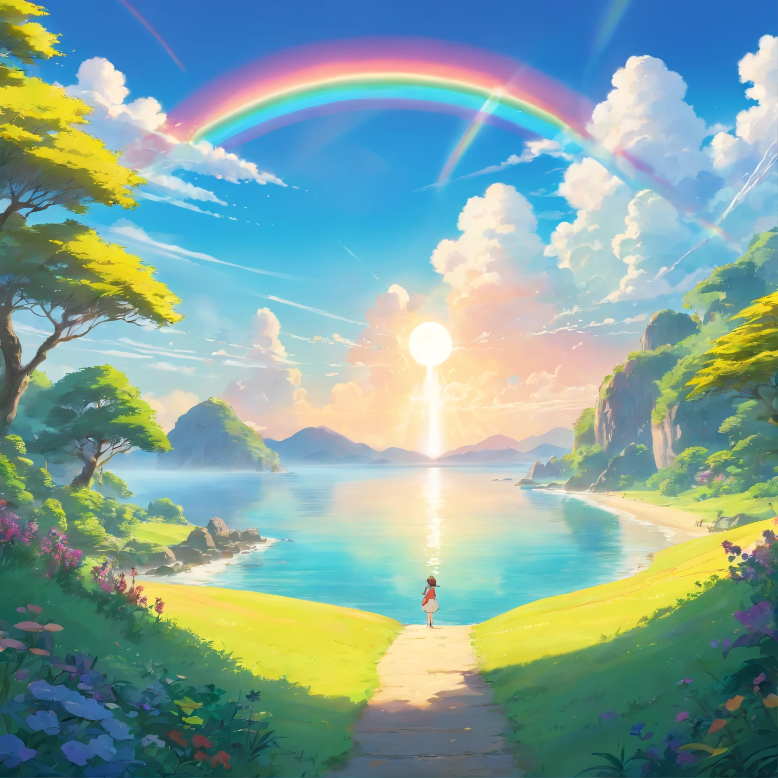 landscape,rainbow in the sky,A luxurious horizon,Sparkling seawater,Lush greenery,exotic plants,mysterious creature,Fantasy world,Enchanting atmosphere,shining sun,Soft clouds,dreamlike landscapes,magical aura,serenity and calm,Untapped beauty,A harmonious blend of tones,Endless wonders,Best quality,4K,8K,A high resolution,Masterpiece:1.2,Vibrant colors,