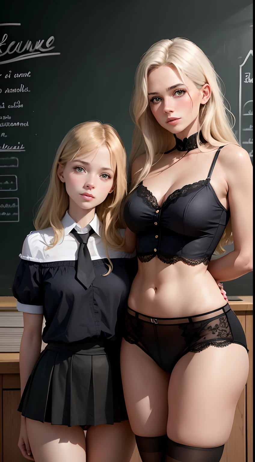 Deux Femme, in underwear ,.Une Maitresse de 40 ans et Une jolie adolescente blonde en bas resille noir , Standing in front of the school blackboard