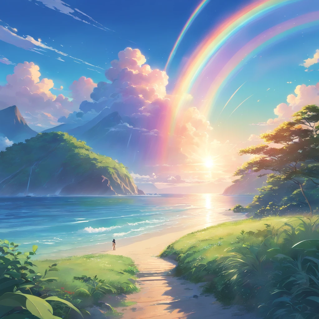 landscape,rainbow in the sky,A luxurious horizon,Sparkling seawater,Lush greenery,exotic plants,mysterious creature,Fantasy world,Enchanting atmosphere,shining sun,Soft clouds,dreamlike landscapes,magical aura,serenity and calm,Untapped beauty,A harmonious blend of tones,Endless wonders,Best quality,4K,8K,A high resolution,Masterpiece:1.2,Vibrant colors,