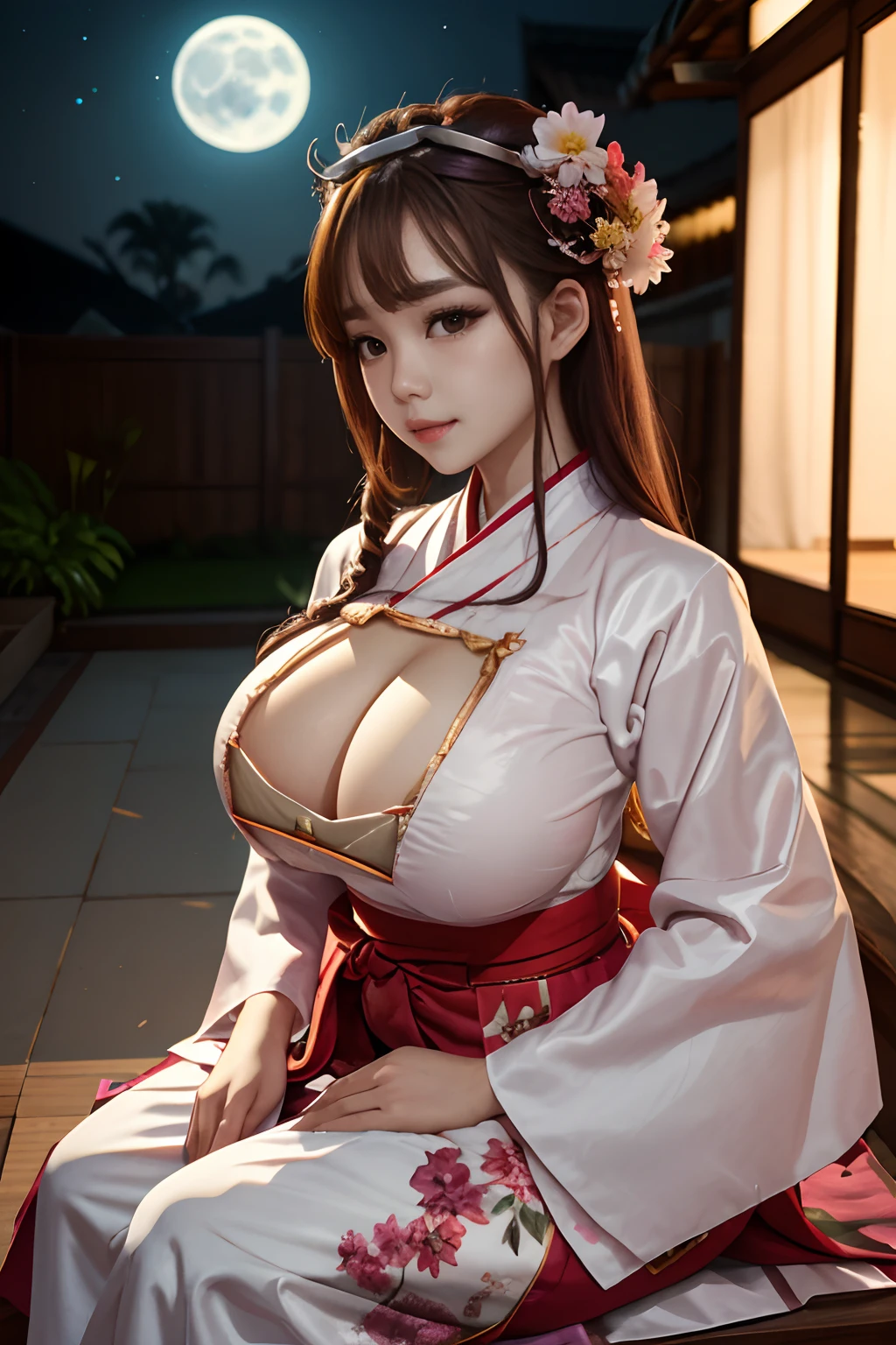 Best Quality, high_resolution, Distinct_image, Detailed background ,girl, hanbok,flower,garden,Moon, Night,Dutch Angle, Wide Shot, diadems, giga_busty