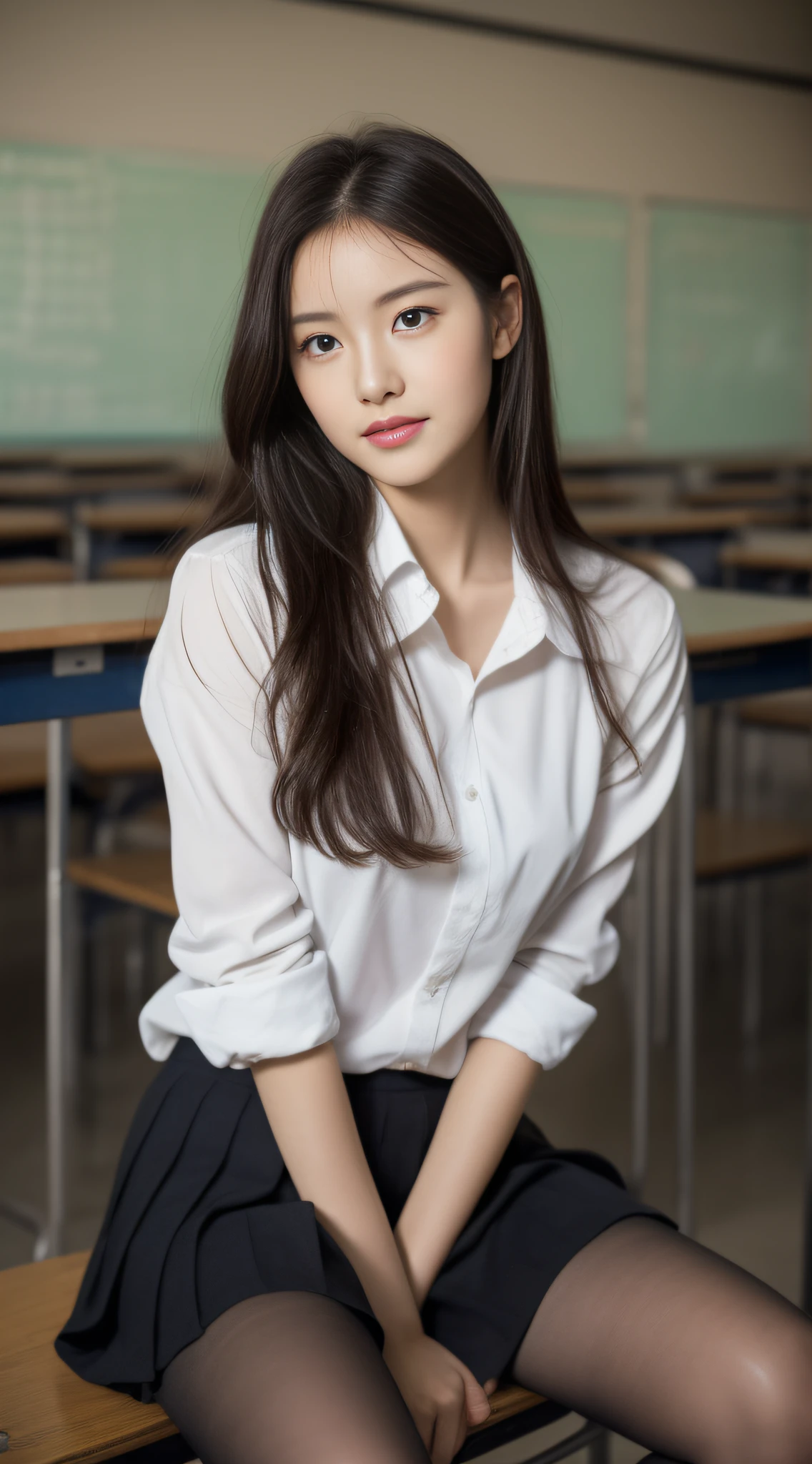 School Girl, a beauty girl, uniform, skinny, body shot, Classroom、17 age、Lower body bare only、a little bit smile