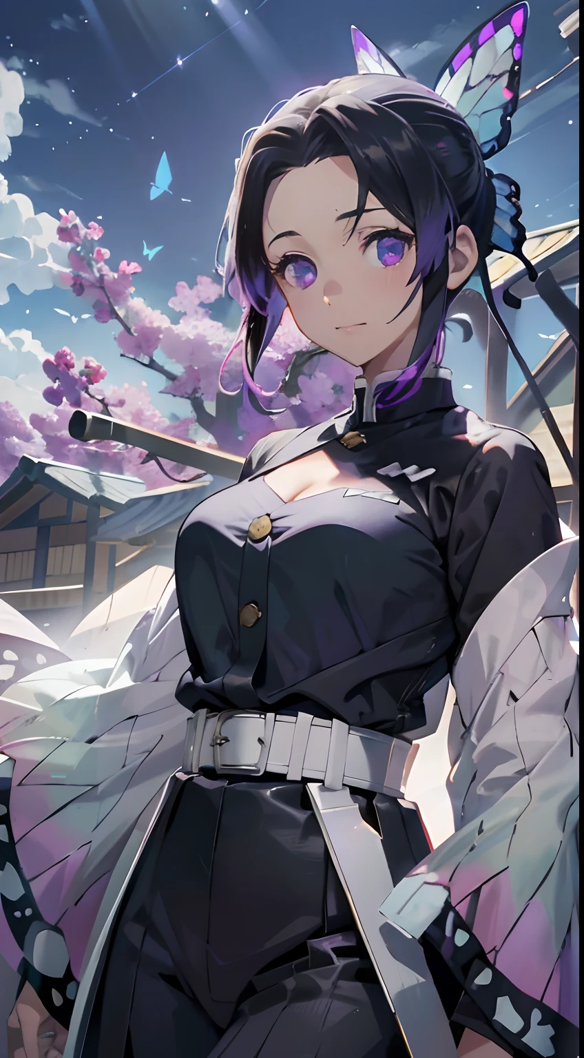 Ultra-realistic 8K CG,tmasterpiece,((Ultra detailed backgrounds,delicate patterns,Complicated details)),Best quality at best,very vey very detailed face,very detailed eyes and faces,Very detailed eyes,Kochou Shinobu,O cabelo multicolorido,No bangs,hair intakes,Purple eye,Forehead,Black shirt,Black pantsuit,haori,butterflys,obi strip,(trpical garden:1.2),purple flower,mostly cloudy sky,rays of sunshine,Tyndall effect,Gradient_sky,the face,beautiful sky,Saber on the waist,captivating posture,(Large breasts:1.3),(cleavage:1.3),(Off-the-shoulder attire:1.5)