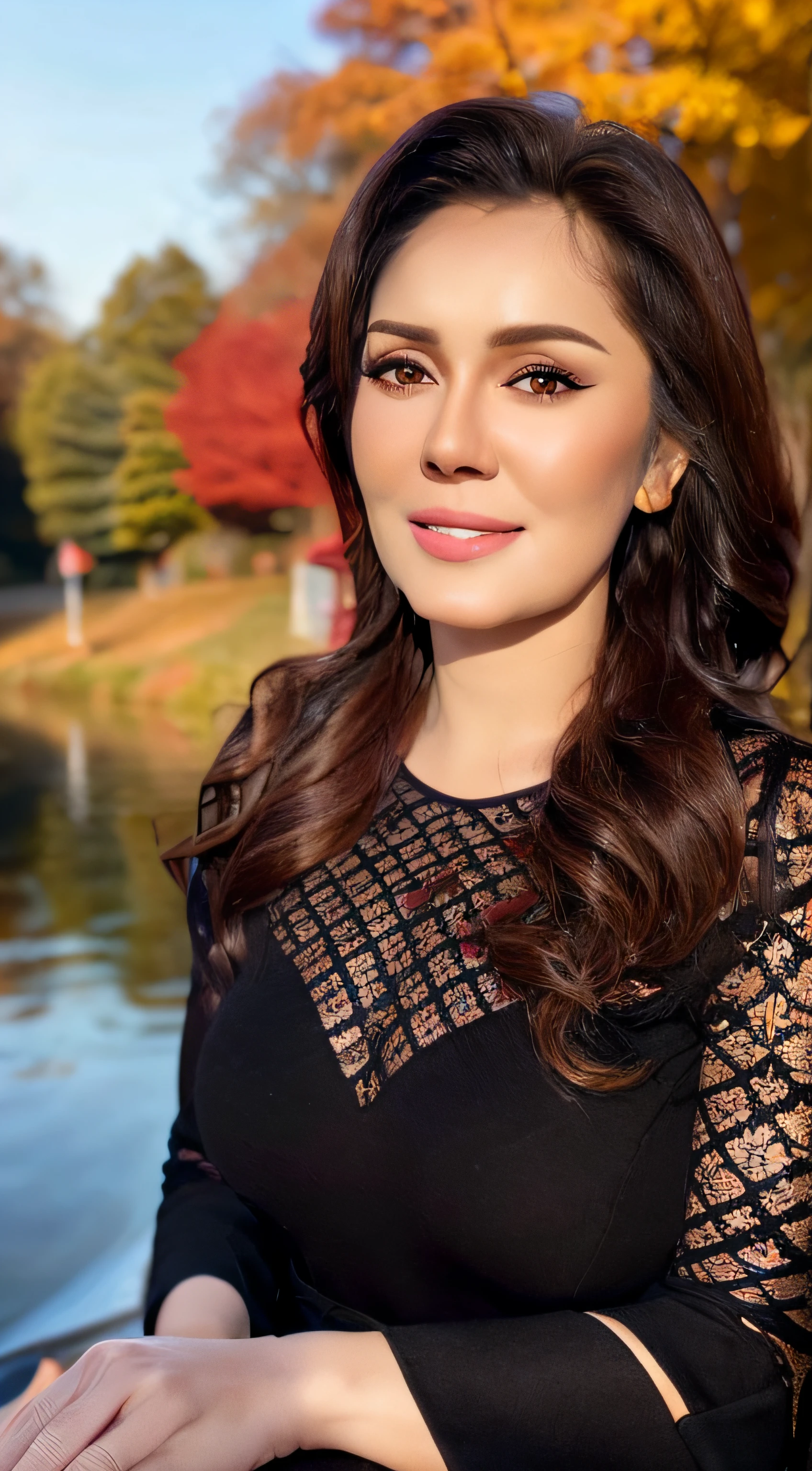 50 years old european woman sits on the bench close to lake, smile, makeup, long black hair, red dress, autumn trees landscape, sunny day, blue sky, high detail face, high detail clothes, high detail environment, ultrarealistic, cinematic, dark shot, professional photo