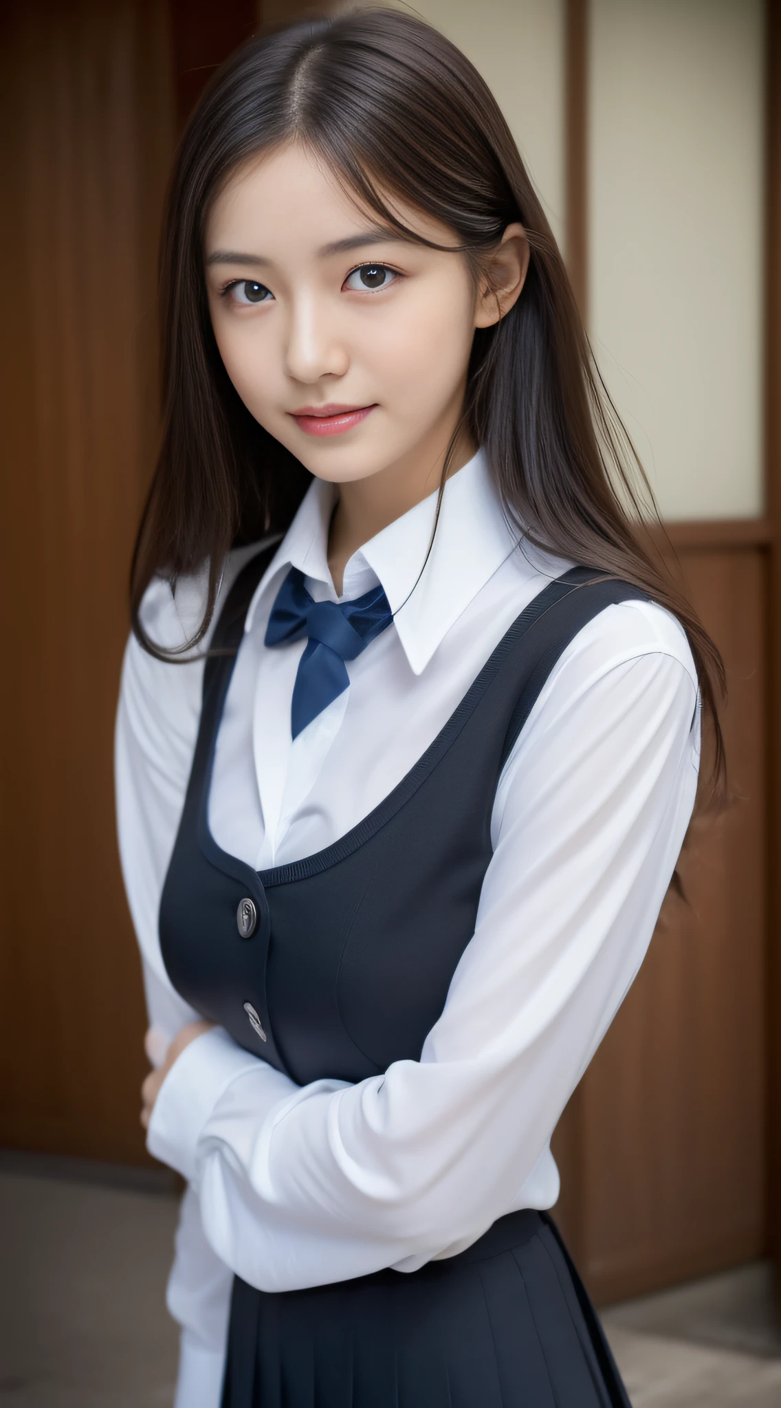 8k, masterpiece, RAW photo, best quality, photorealistic, extremely detailed CG unity 8k wallpaper, Depth of field, Cinematic Light, Lens Flare, Ray tracing, (extremely beautiful face, beautiful lips, beautiful eyes), intricate detail face, ((ultra detailed skin)) 1girl, in the dark, deep shadow, pretty Asian girl, Best quality, full body portrait, delicate face, pretty face, slim figure, medium bust, OL uniform, office clothes, black stockings, outdoor scene, high heels, suited, tie, smile, updo hair