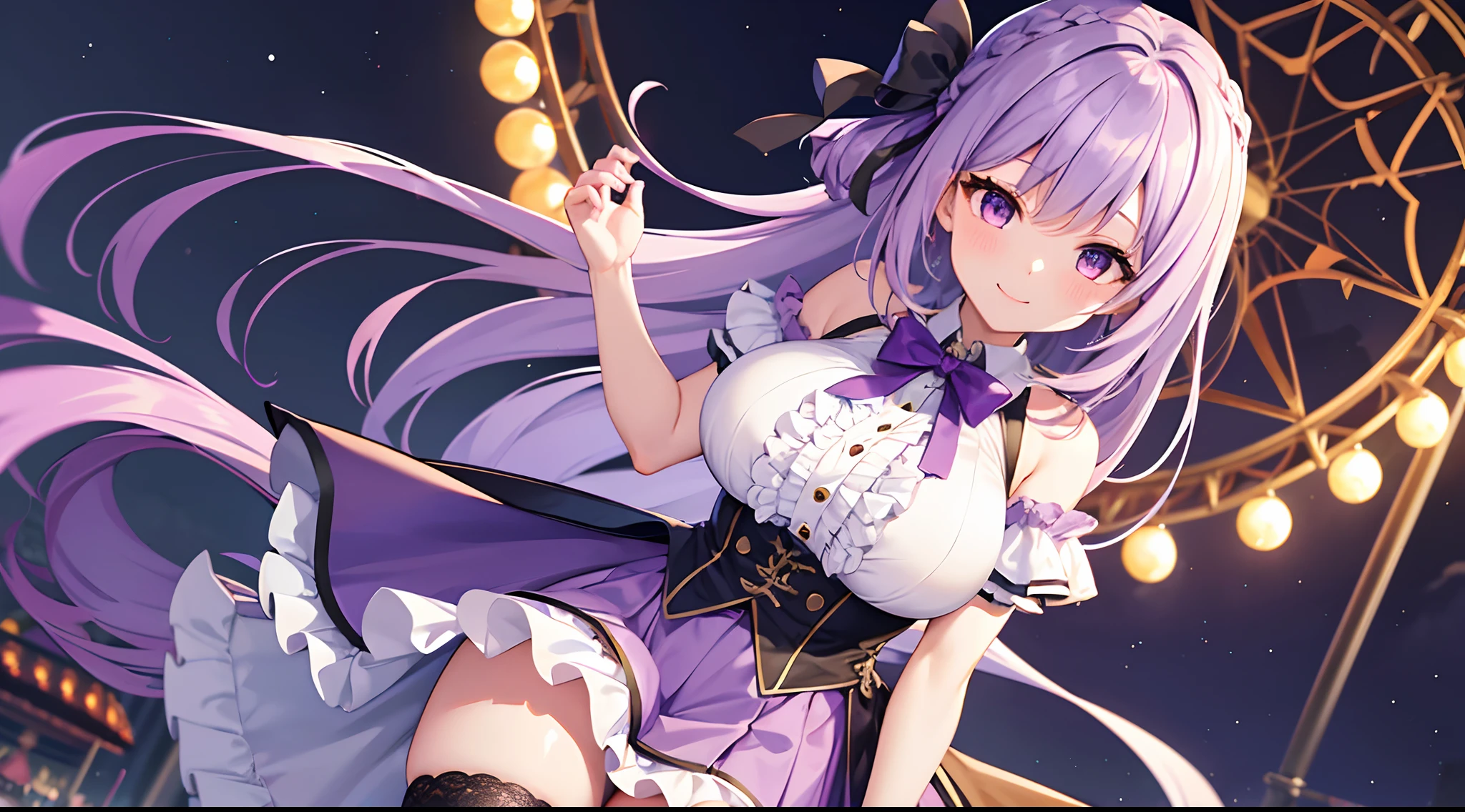 1 girl, game CG, frilled shirt, shoulders visible, short skirt, hair ribbon, gigantic breasts, light purple hair, long hair, french braid, purple eyes, night, amusement park, Halloween background, smile,