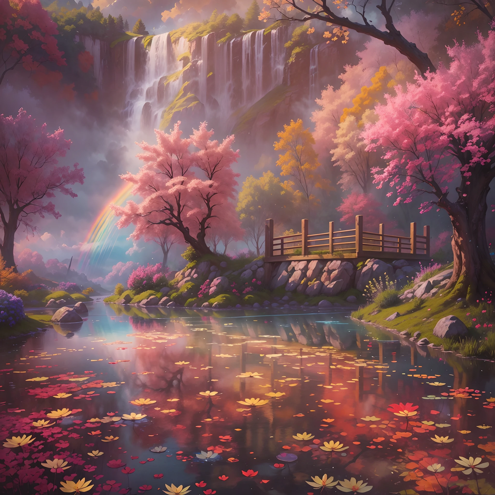 Rose garden,rainbow in the sky,(depth of fields),Light,Mist,log cabin,the cherry trees,Reallightandshadow,painting-like,Ethereal atmosphere,Vibrant colors,cinematic compositions,dream magical,hoang lap,Particle effect,diffused reflections,(mont),waterfallr,butterfliesdancing,Dreamy and whimsical,sereneandcharming,style of surrealism,painting-like,Ultra-fine painting,vibrant with colors,painting coming to life,Sharp contrast,hdr,hyper HD,Totally mesmerizing and fascinating,Simply breathtaking,Physically-based rendering,Extreme detail description,professional,.