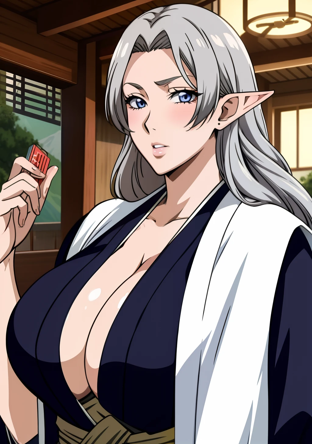 Kimono, huge tits, busty, silver hair, elf hairpin, beauty mark under eyes, blue eyes, cleavage, long hair, intrincate details, detailed, masterpiece, best quality, 4K, HDR, mountain, shrine, upperbody,