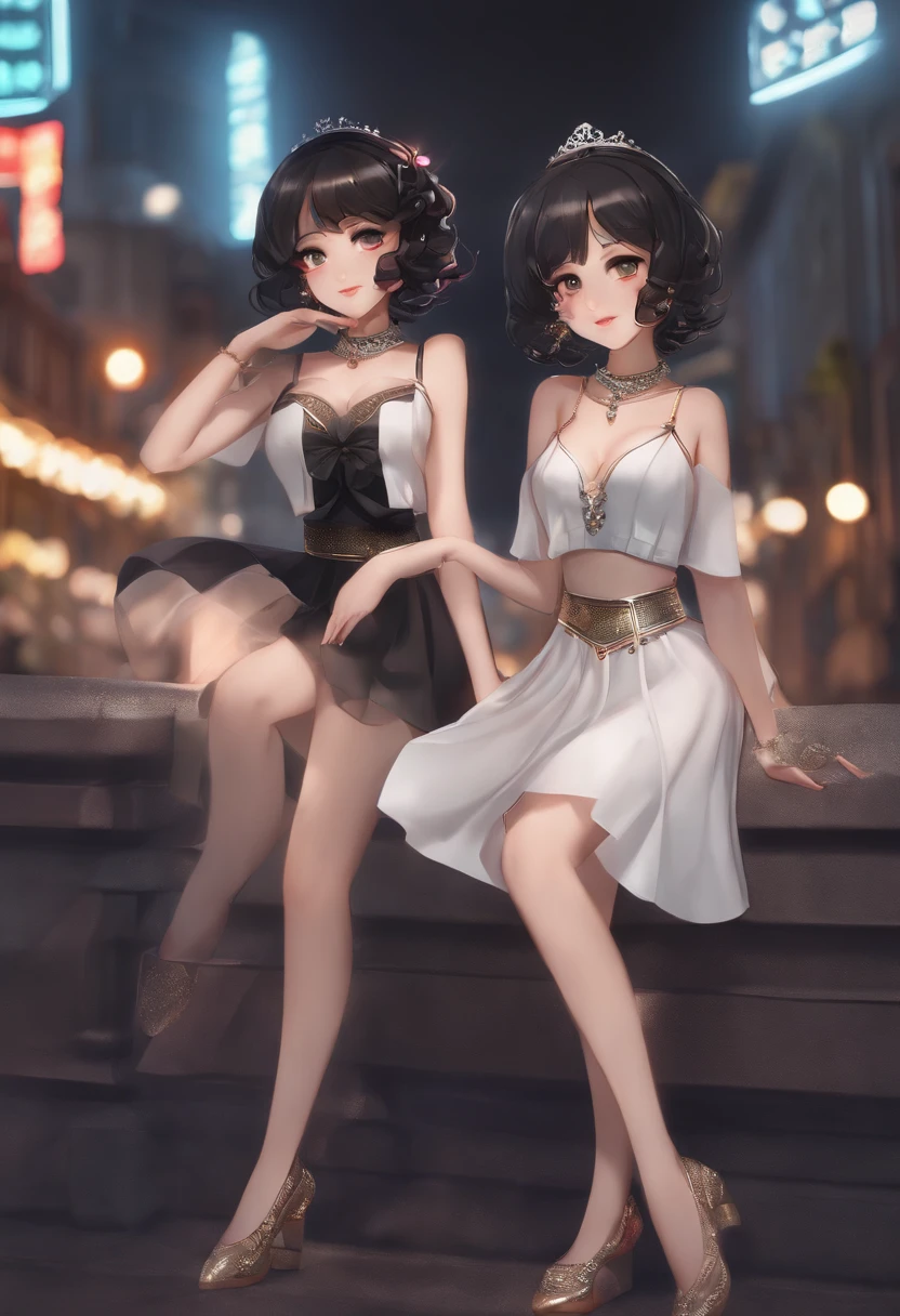 two cute young women, Short black hair, Brown eyes, Empress,Pleated skirt set,the street lights,neonlight,Bustling street background,(navel:1.1,Princess Eyes), nobles, royalti, High quality, Masterpiece, Highly detailed,swim wears