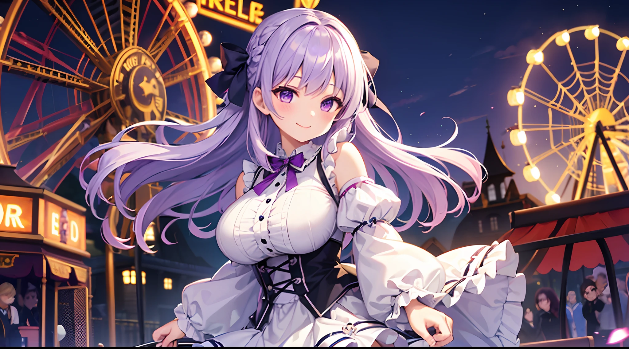 1 girl, game CG, frilled shirt, shoulders visible, short skirt, hair ribbon, gigantic breasts, light purple hair, long hair, french braid, purple eyes, night, amusement park, Halloween background, smile,
