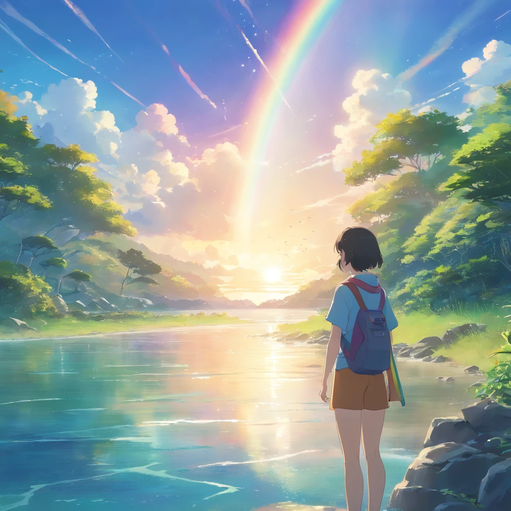 landscape,rainbow in the sky,A luxurious horizon,Sparkling seawater,Lush greenery,exotic plants,Fantasy world,Enchanting atmosphere,shining sun,Soft clouds,dreamlike landscapes,magical aura,serenity and calm,Untapped beauty,A harmonious blend of tones,Endless wonders,Best quality,4K,8K,A high resolution,Masterpiece:1.2,Vibrant colors,