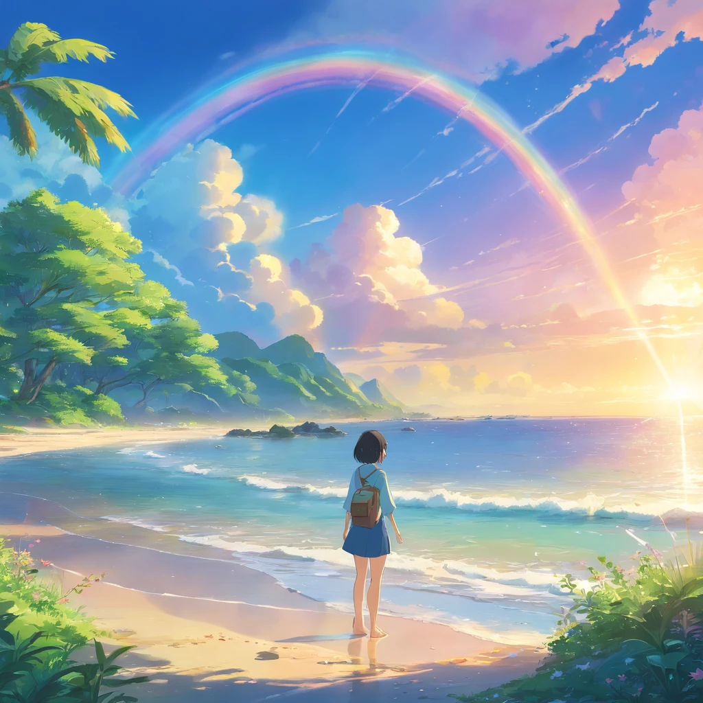 landscape,rainbow in the sky,A luxurious horizon,Sparkling seawater,Lush greenery,exotic plants,Fantasy world,Enchanting atmosphere,shining sun,Soft clouds,dreamlike landscapes,magical aura,serenity and calm,Untapped beauty,A harmonious blend of tones,Endless wonders,Best quality,4K,8K,A high resolution,Masterpiece:1.2,Vibrant colors,