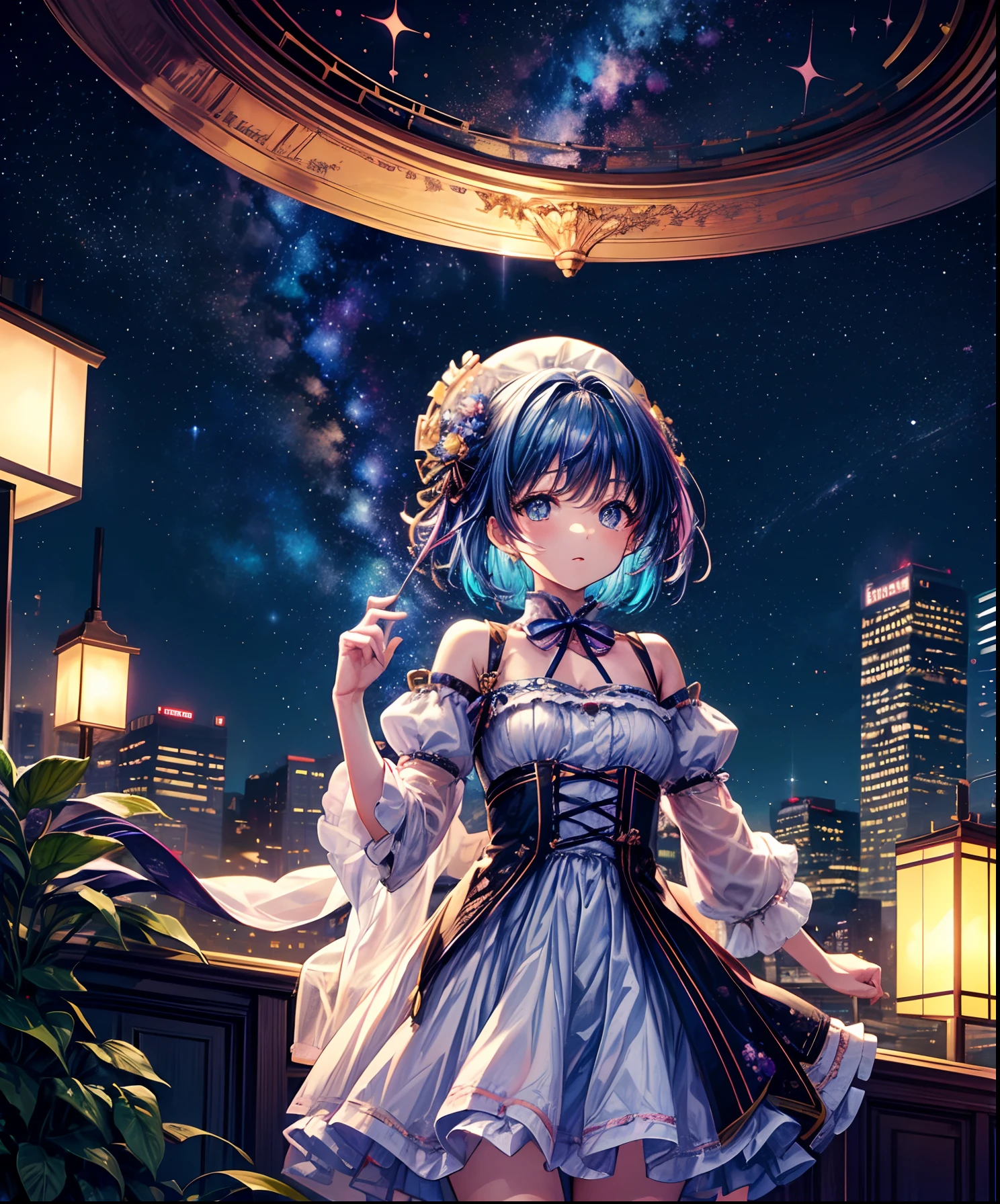 Sheet music playback、Colorful sheet music is played、Cute girl characters、 Night view from a high place、Drawing a large number of skyscrapers, Looking up at the starry sky. Surround her with colorful nebulae and colorful metropolis.