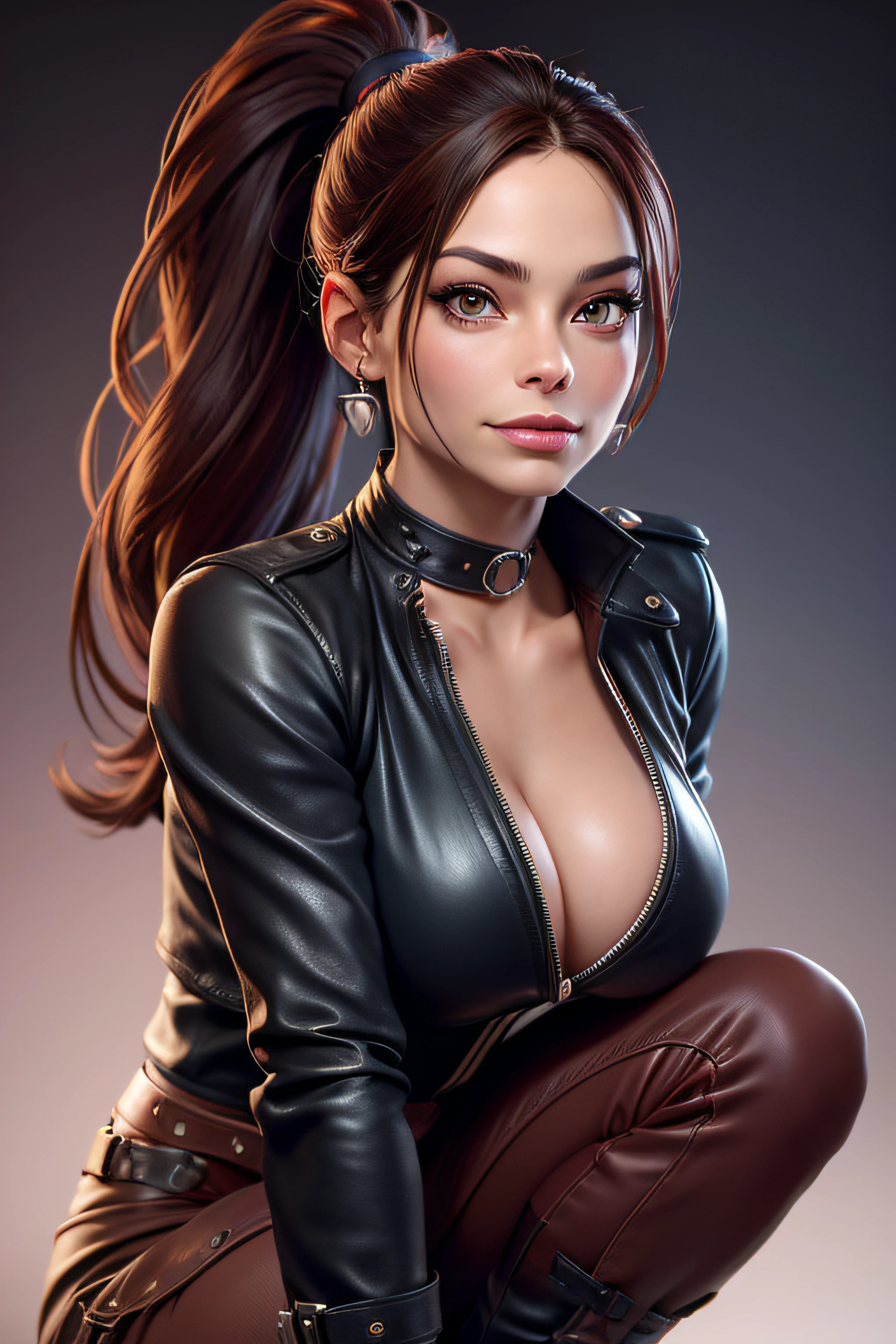 Kristin Kreuk with ponytail, yeux verts, portrait complet du corps, Red Leather-clad dominatrix, leather boots, looped earrings, dog collar, gros seins, décolleté, taille fine, gros cul, Attractive and hot woman, realistic image, desire, detailed skin, face detailed, hyper realistic, posant pour l'appareil photo, Professional model, DSLR photo shoot,
