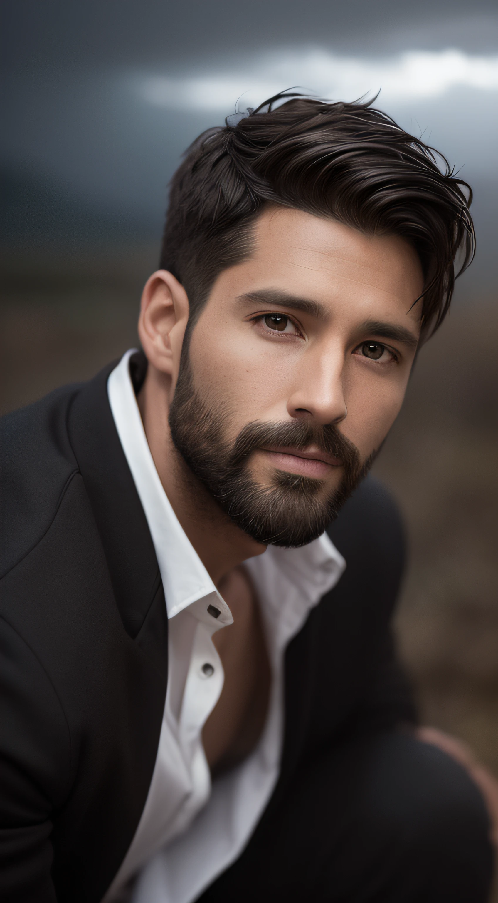 portrait of 33 years old male model, handsome, black coat, white shirt, short brown hair, short beard, jean pants, black boots, seductive smile, autumn landscape, raining, storm clouds, high detail face, high detail clothes, ultrarealistic, high detail body