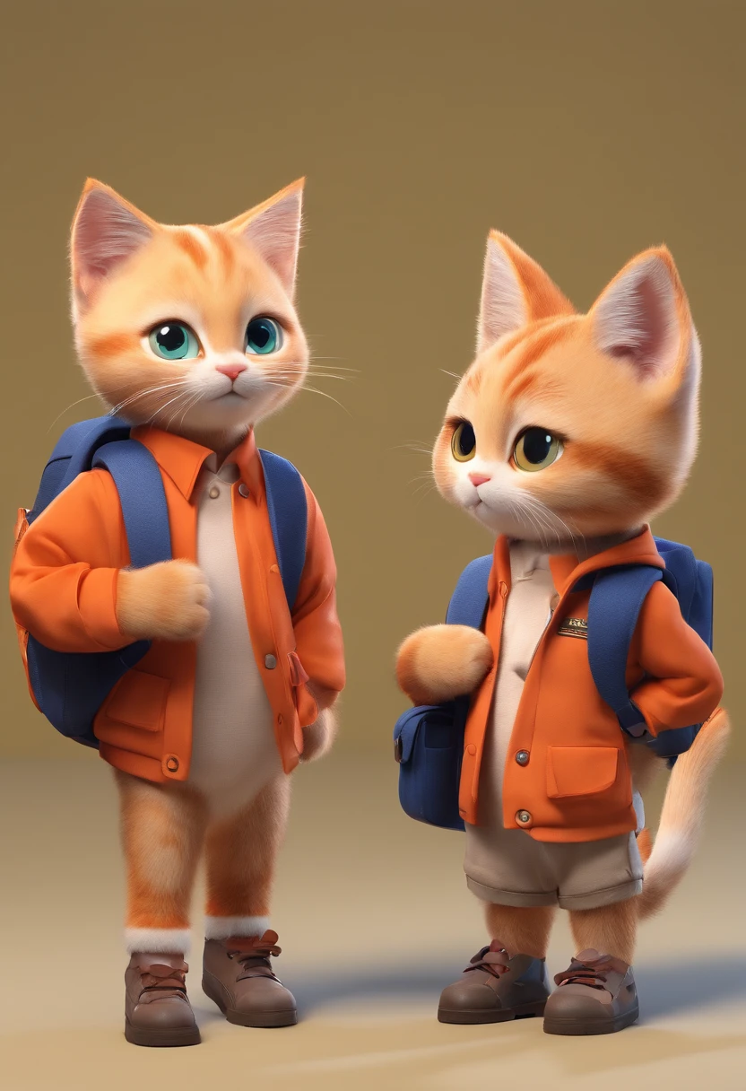 2 cute kittens, Wear a primary school uniform to school, bookbag, anthropomorphic cat, Lifelike animations,