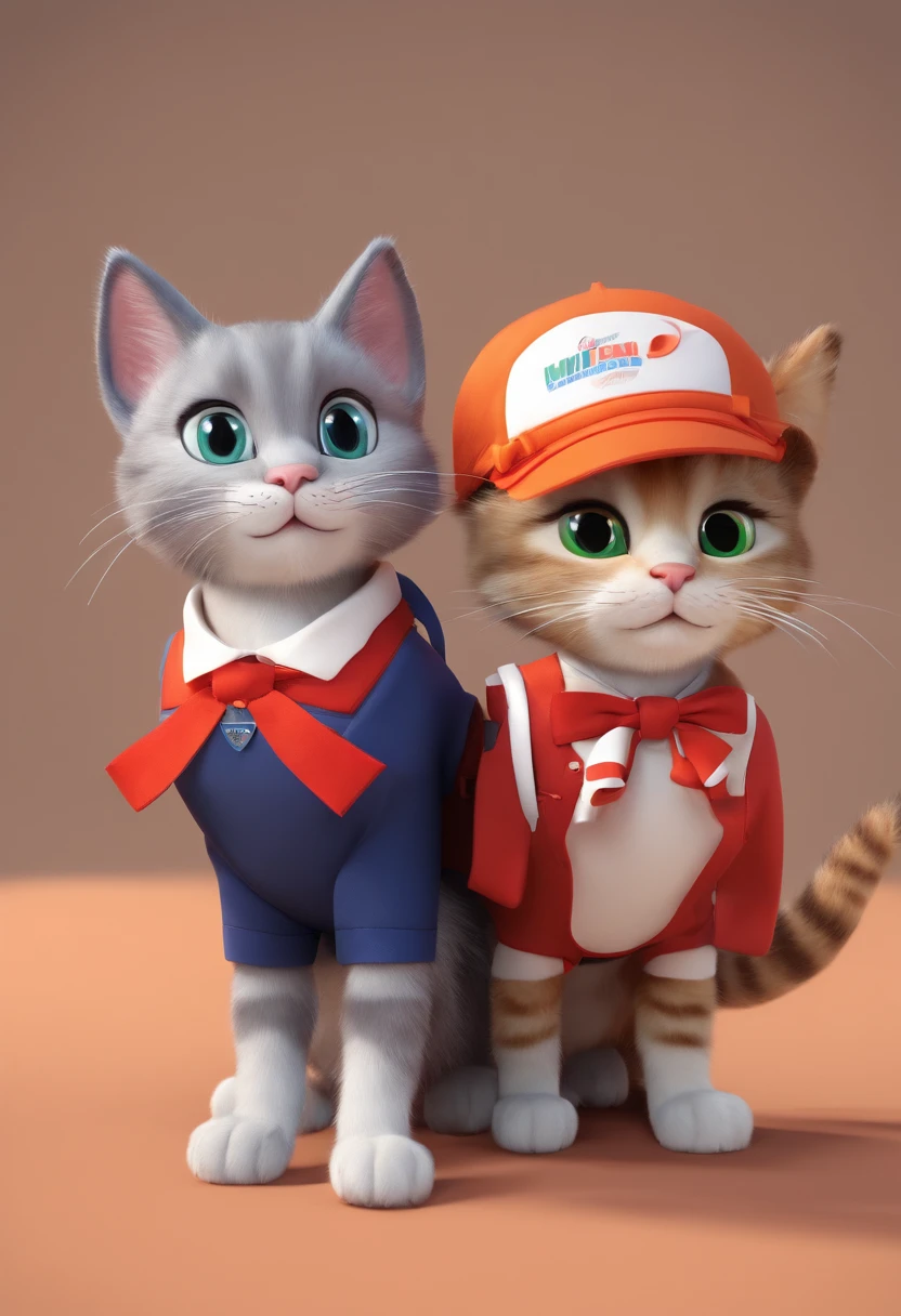 2 cute kittens, Wear a primary school uniform to school, bookbag, anthropomorphic cat, Lifelike animations,