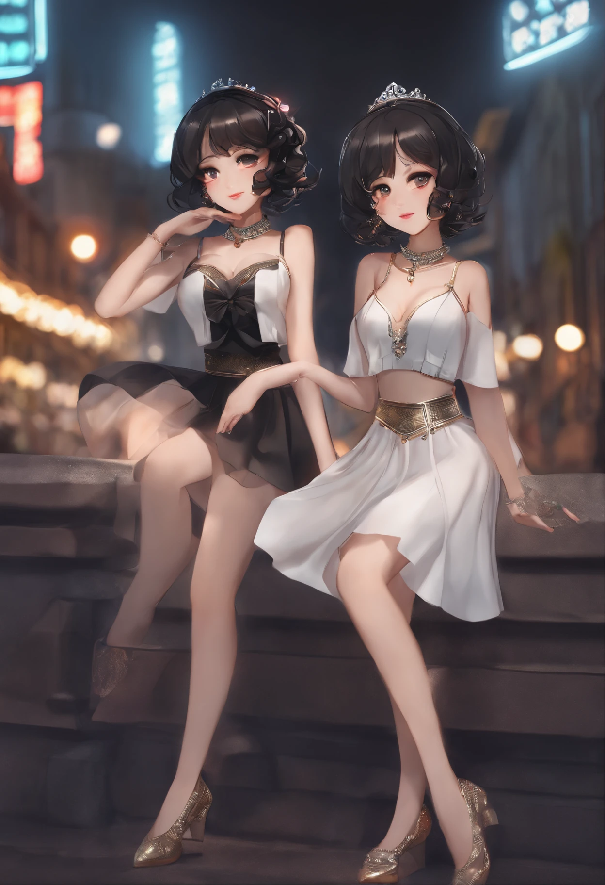 two cute young women, Short black hair, Brown eyes, Empress,Pleated skirt set,the street lights,neonlight,Bustling street background,(navel:1.1,Princess Eyes), nobles, royalti, High quality, Masterpiece, Highly detailed,swim wears