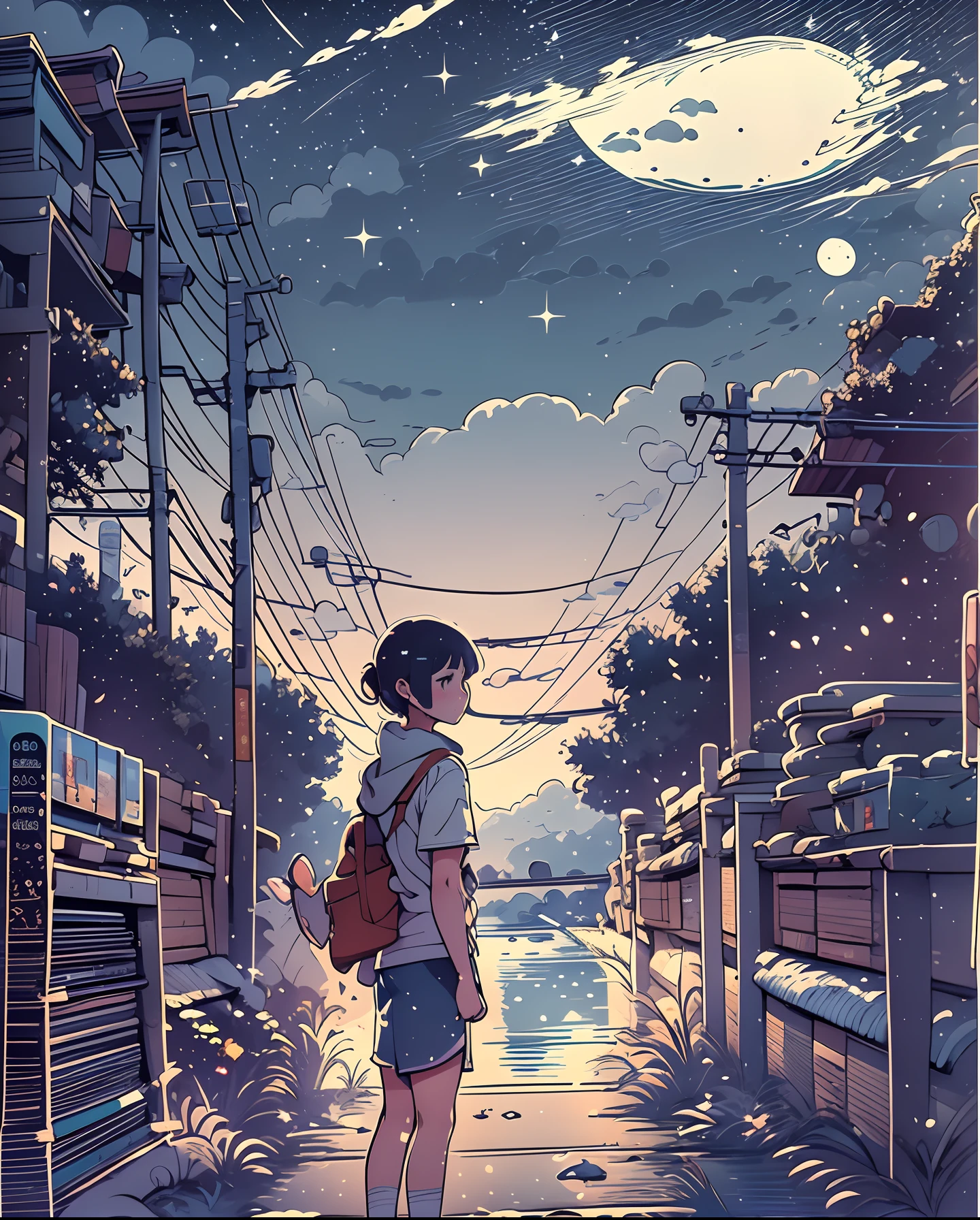 Create an exceptional comic strip presented as a storyboard, featuring an anime college student standing under the moonlight with a bright starry sky as the backdrop. The story revolves around a romantic couple, drawing inspiration from Makoto Shinkai's imagery and Pisif's concept-art. Implement the lofi art style to evoke a unique ambiance and emphasize reflection. Pay attention to crafting beautiful anime scenes within an intricate landscape, with a focus on enhanced details.