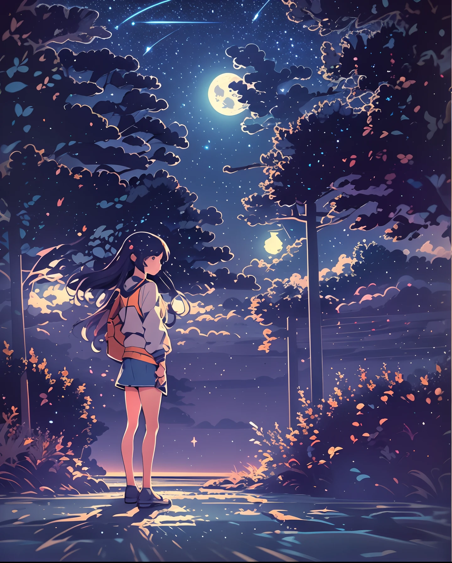 Create an exceptional comic strip presented as a storyboard, featuring an anime college student standing under the moonlight with a bright starry sky as the backdrop. The story revolves around a romantic couple, drawing inspiration from Makoto Shinkai's imagery and Pisif's concept-art. Implement the lofi art style to evoke a unique ambiance and emphasize reflection. Pay attention to crafting beautiful anime scenes within an intricate landscape, with a focus on enhanced details.