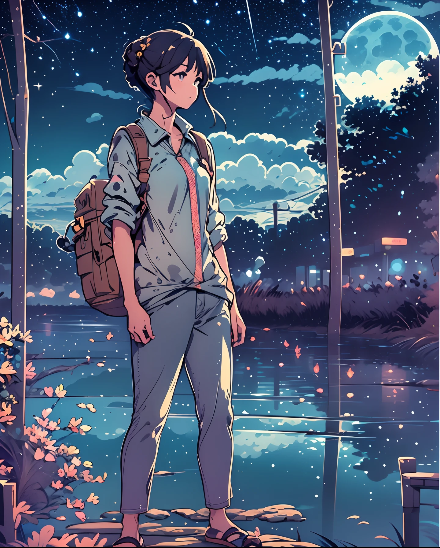 Create an exceptional comic strip presented as a storyboard, featuring an anime college student standing under the moonlight with a bright starry sky as the backdrop. The story revolves around a romantic couple, drawing inspiration from Makoto Shinkai's imagery and Pisif's concept-art. Implement the lofi art style to evoke a unique ambiance and emphasize reflection. Pay attention to crafting beautiful anime scenes within an intricate landscape, with a focus on enhanced details.