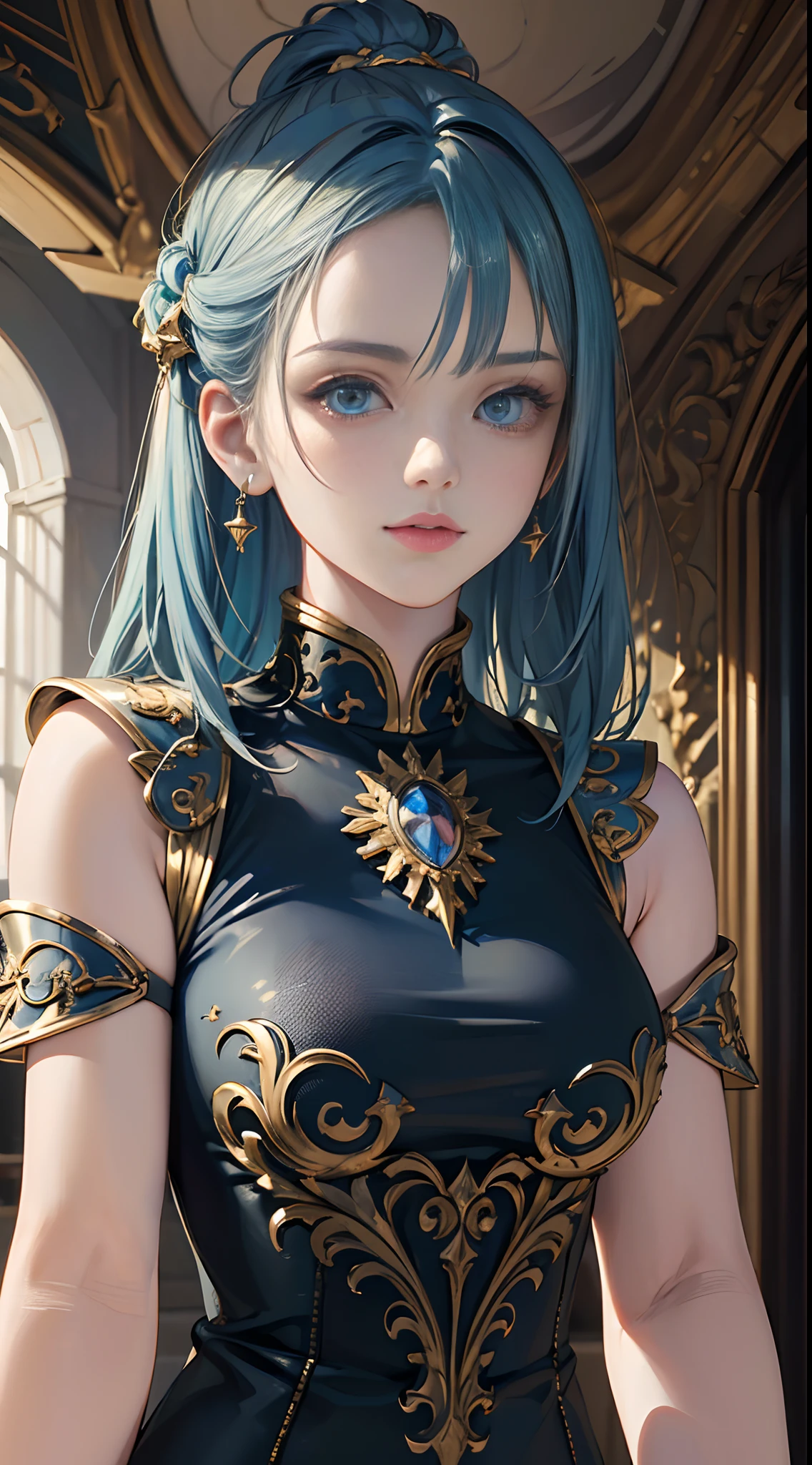 (Masterpiece, Best quality, Upper body:1.4), 1girll, (Close up:1.1), Sublime walls, Castle hall, Blue eyes, 8K, RAW photo, absurderes, fractalized, Perspective, Depth of field, hdr, Sharp focus, A high resolution, Photography, Realistic, highest details, extreme detailed details, Ultra detailed, finedetail, IvoryGoldAI