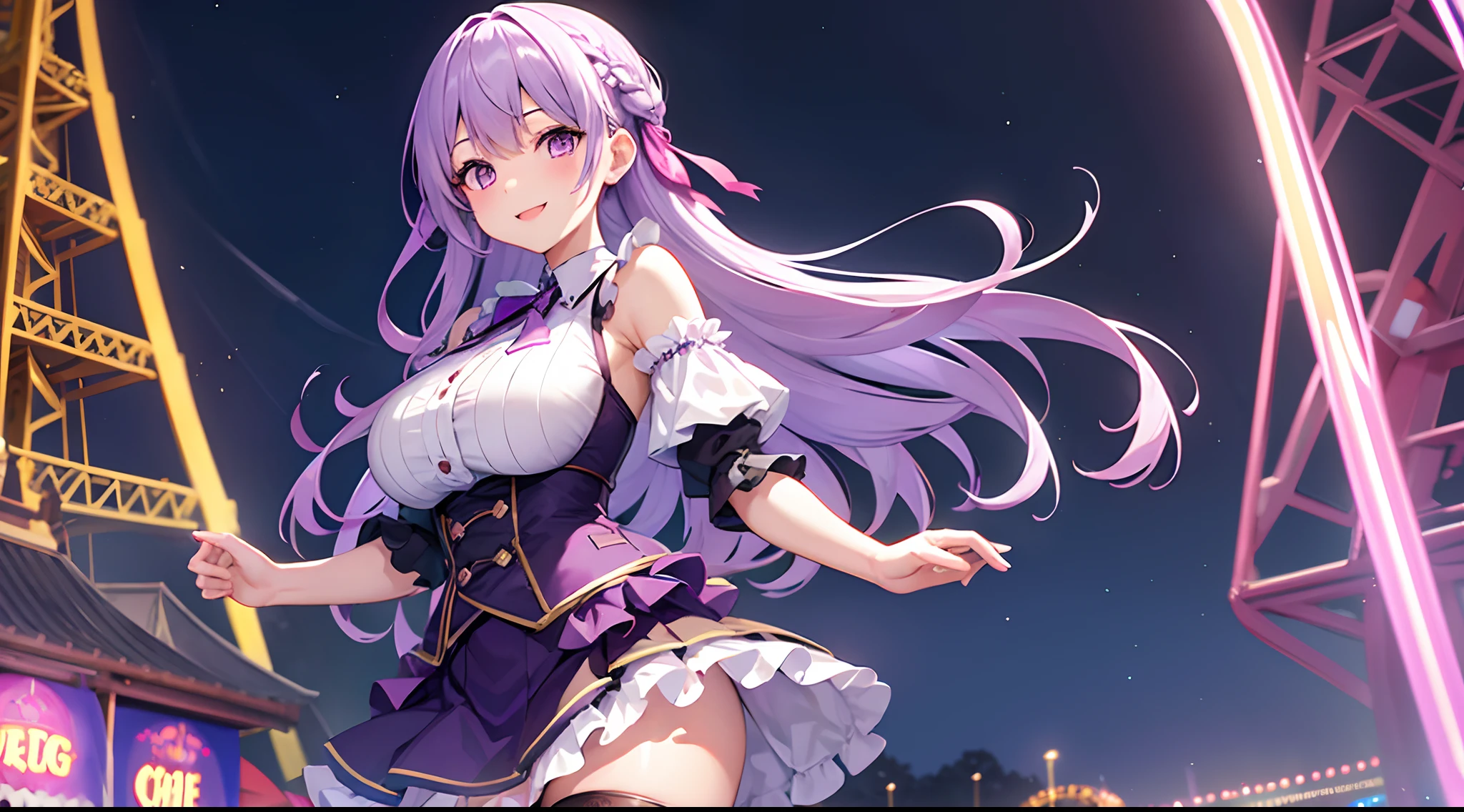 1 girl, game CG, frilled shirt, shoulders visible, short skirt, hair ribbon, gigantic breasts, light purple hair, long hair, french braid, purple eyes, night, amusement park, Halloween background, smile,