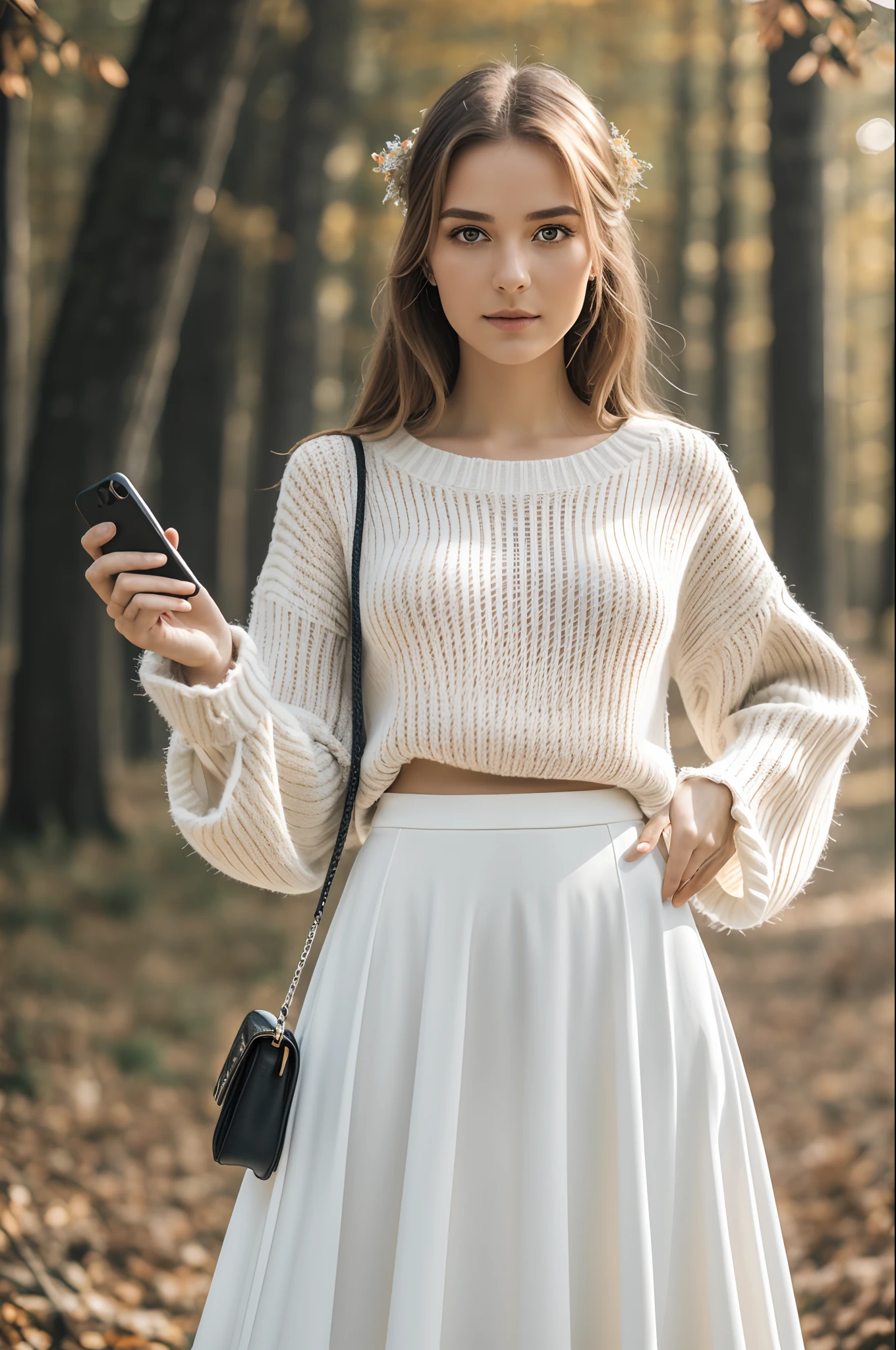(Selfie, Draufsicht: 1.4), (Straight shot in the middle of the body: 4.4), RAW UHD portrait photo of a 27-year-old blonde (Frau mit braunen Augen) Posieren im Herbst im Wald, Das Tragen eines (white sweater and skirt, puffy sleeves, white puffy outfit, Cozy vibes, Oversize-Pullover, voluminous sleeves, Trendige Kleidung, Cozy aesthetics), Details (Gewebe! , Haar! , scheinen, Farbe!! , Nachteile: 1.1), Strahlende Augen mit hoher Detailgenauigkeit (Blick in die Kamera), SLR-Beleuchtung, Spiegelreflexkamera, ultra quality, Sharpness, Depth of field, Filmkorn (Mitte), Fujifilm XT3, kristallklar, Mitte des Rahmens, Beautiful face, Scharfer Fokus, Laternenpfahl, Neonbeleuchtung, bokeh (Schwaches Licht), Nacht, (Nachthimmel), Detaillierte Hautporen, Oily skin, brennen, Komplexe Augendetails, full entire body. --auto --s2