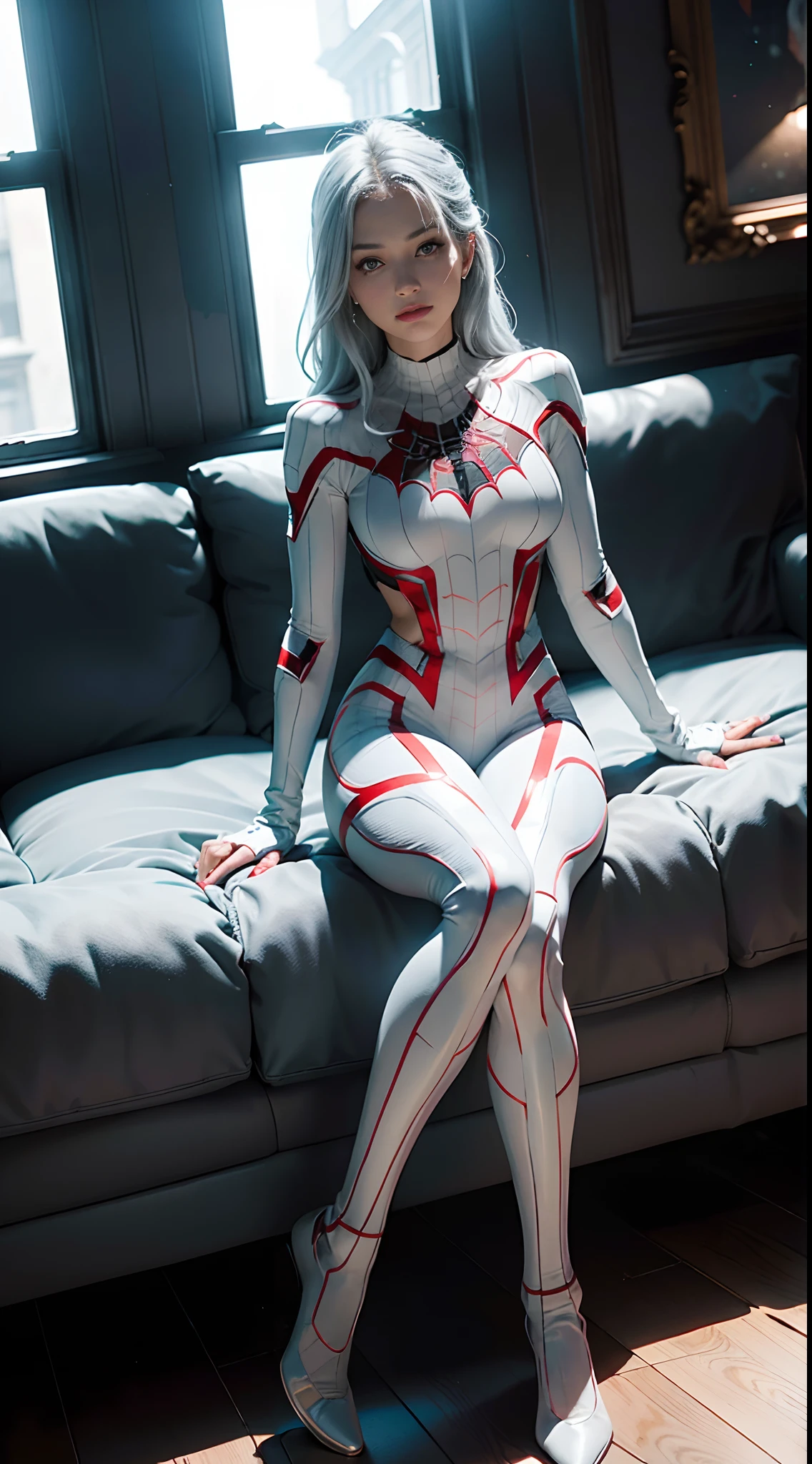 (Masterpiece, 4k resolution, ultra-realistic, very detailed), (White superhero theme, charismatic, there's a sexy girl on a chair cuffed with the hands behind the chair, wearing Spider-Man costume, she's a superhero), [ ((25 years), (long white hair:1.2), full body, (blue eyes:1.2), ((Spider-Man pose),show of fear, in a dark room with only one lamp), ((sandy urban environment):0.8)| # Explanation: The Prompt mainly describes a 4K painting of ultra-high definition, very realistic, very detailed. It shows a superheroine at the top of the city, wearing a Spider-Man costume. The theme in the painting is a white superhero theme, the female protagonist has long white hair, is 25 years old and her entire body is shown in the painting. In terms of portraying the actions of superheroines, spiders are scared, captured with handcuffs