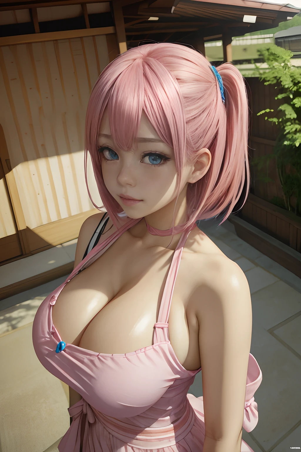 hight resolution, masutepiece,Michon-shikimori, Pink hair, Solo, 1girl in,Outside,Detail background, Detailed eyes, ((Blue eyes)), giga_busty