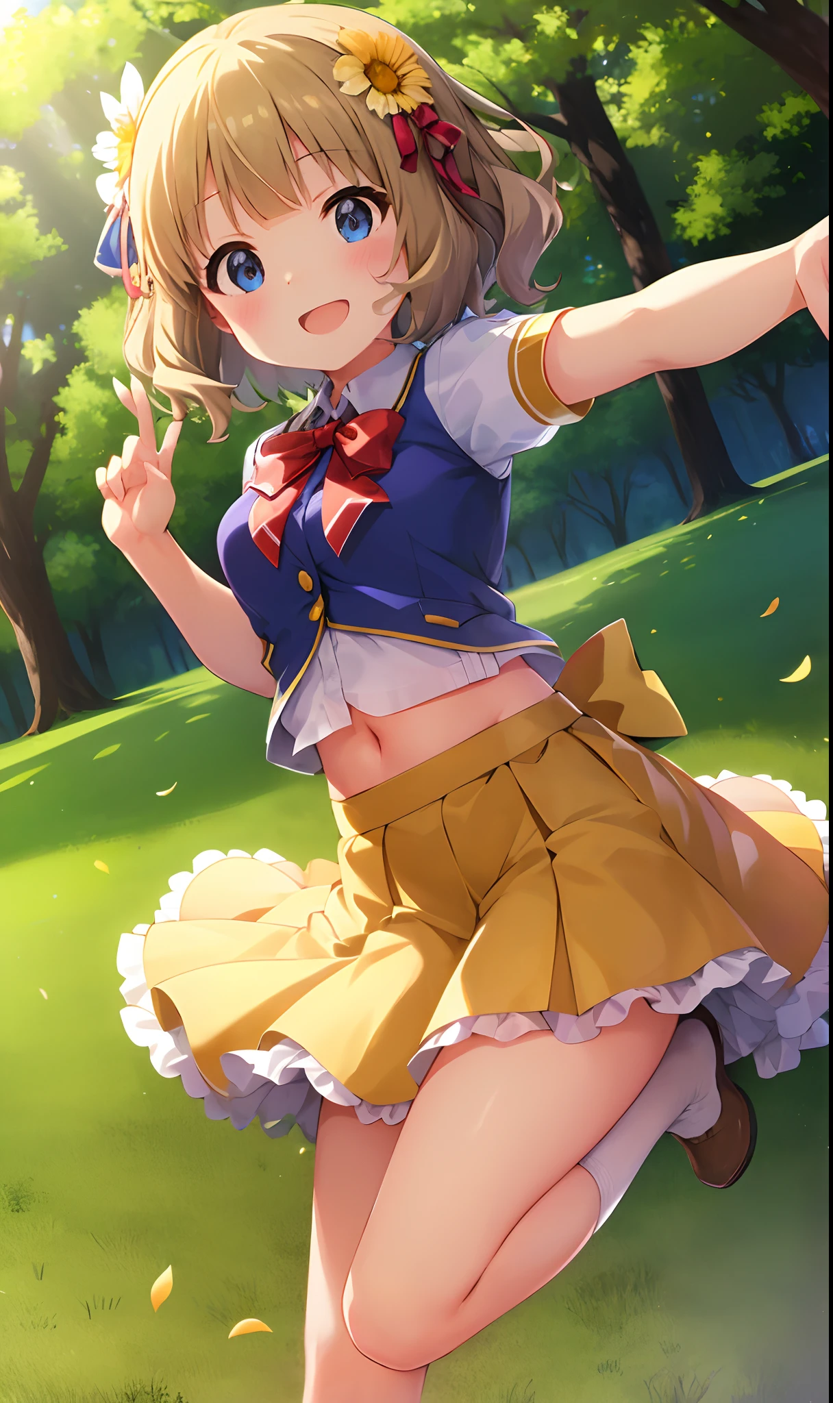 momoko suou (million live), (Best Quality, 8K, masutepiece, ultra-detailliert:1.2), Dynamic Pose, Cinematic Angle, Cowboy Shot, light Particle, spark of light, Beautiful detailed eyes, Shiny skin, Shiny hair, sun beam, Wide Shot, depth of fields, Backlighting,
day, Beautiful clouds, Gradient sky, Dappled sunlight, contrail, Outdoors, reflective floor, Park, Flowery meadow, Wind,
1girl in, Solo, Miniskirt, layered skirts, Smile, Cute, Happy, Big eyes, Pleated skirt, Short sleeves, Navel, cheer girl, pompoms \(cheer leading\), 鎖骨, white hair flower, bow ribbon, Bow, Standing on one leg, earrings, armlet, Bracelet, Arm Ribbon, neck tie, thighs thighs thighs thighs, outstretched arm, flower petals,