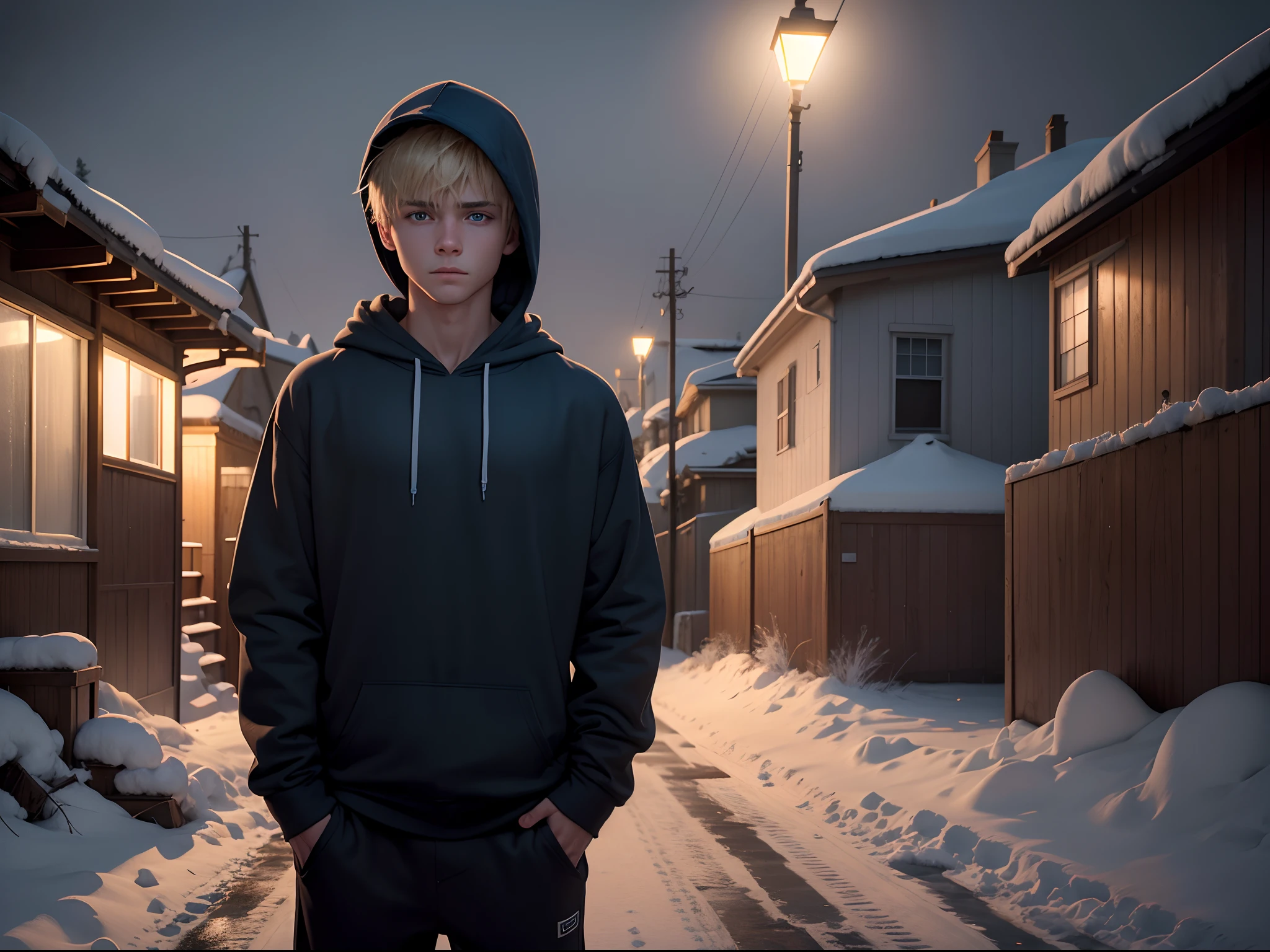 Realistic 8K image of a young strong male, blond, strong, short hair combed back, blue eyes, wearing a hoodie with the hood over his head, and black sweatpants, standing in a snow covered yard, middle of the night