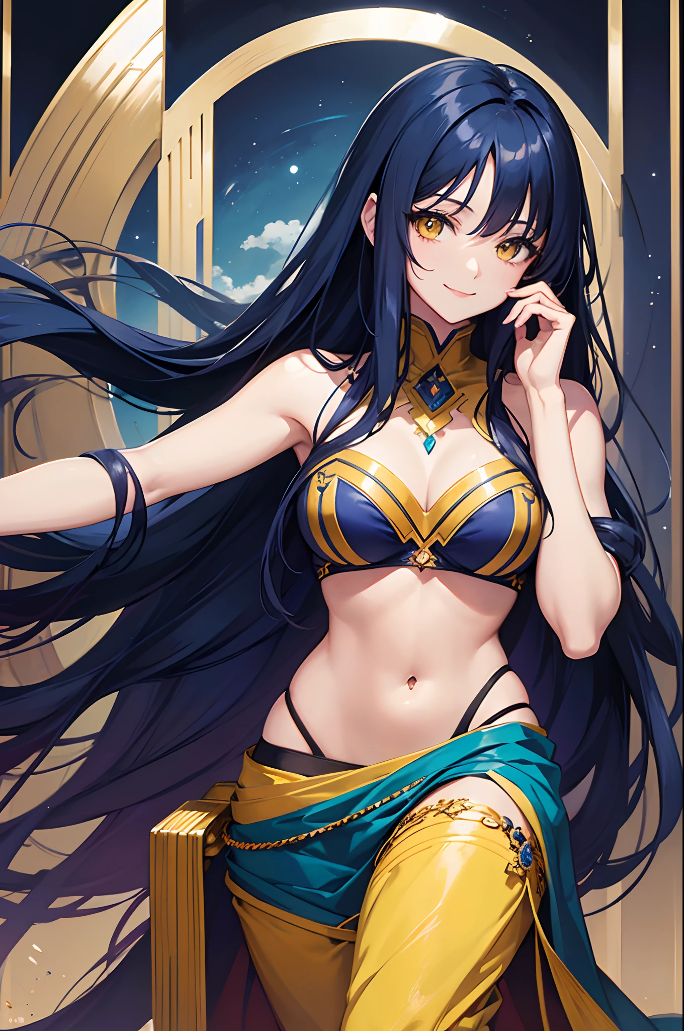Cover magazine, anime, woman, woman, solo, long hair, dark blue hair, yellow eyes, model, beautiful, half body potrait, fantasy, Arabian clothes, harem pants, tube top, smile, elegan