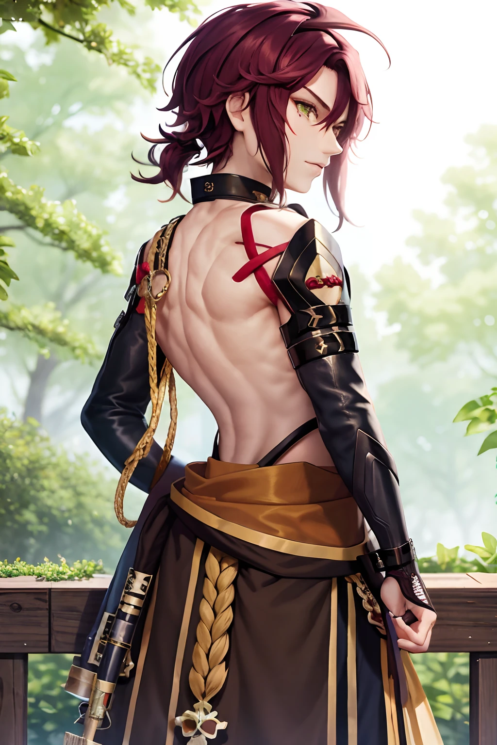 masterpiece, best quality,Shikanoin Heizou (genshin impact), 1boy, male focus, kurokote, green eyes, kote, multicolored hair, mole under eye, red hair, solo, mole, black choker, japanese armor, looking at viewer, choker, armor, streaked hair, aiguillette, sleeveless, ahoge, long hair, low ponytail,(kbxll:0.6)