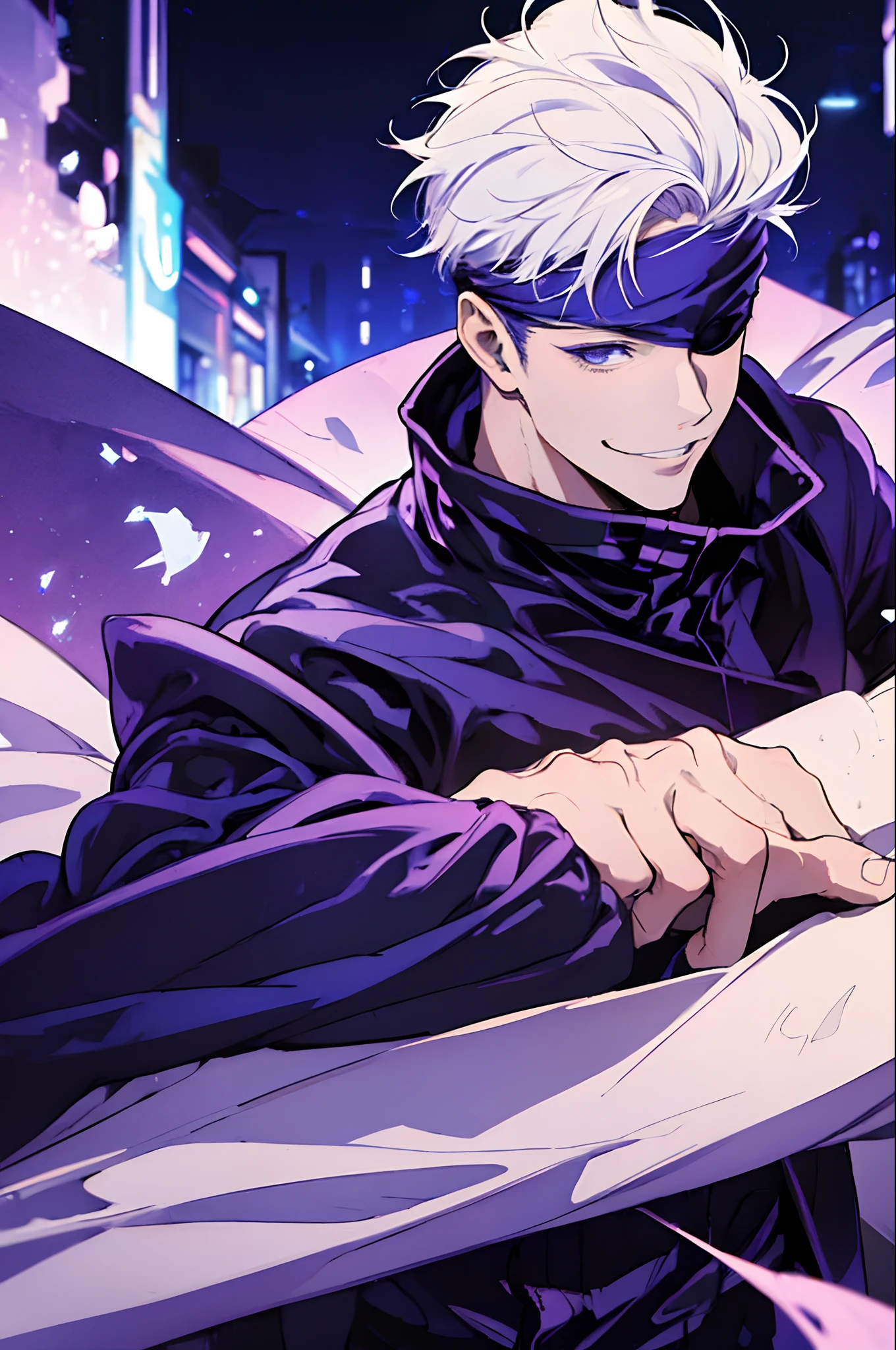 (masterpiece, best quality:1.2), gojo satoru, action pose,dust particle effect, sunflares, purple power, movie composition, bokeh, depth of field, blindfold, smiling, cowboy shot, solo, male focus, 1boy, gojo satoru, expresionless, looking at viewer, black jacket rich on details