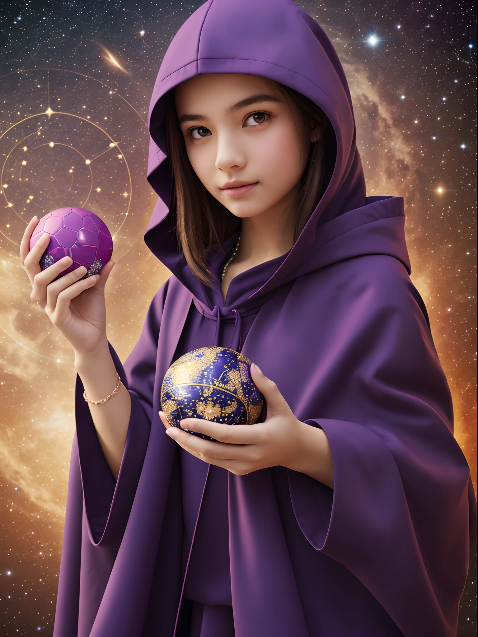 a girl wearing a purple cloak covering all her body, holding a horoscope ball in her hands gazing the camera with beautiful eyes. Photorealism. —ar 9:16 --auto --s2
