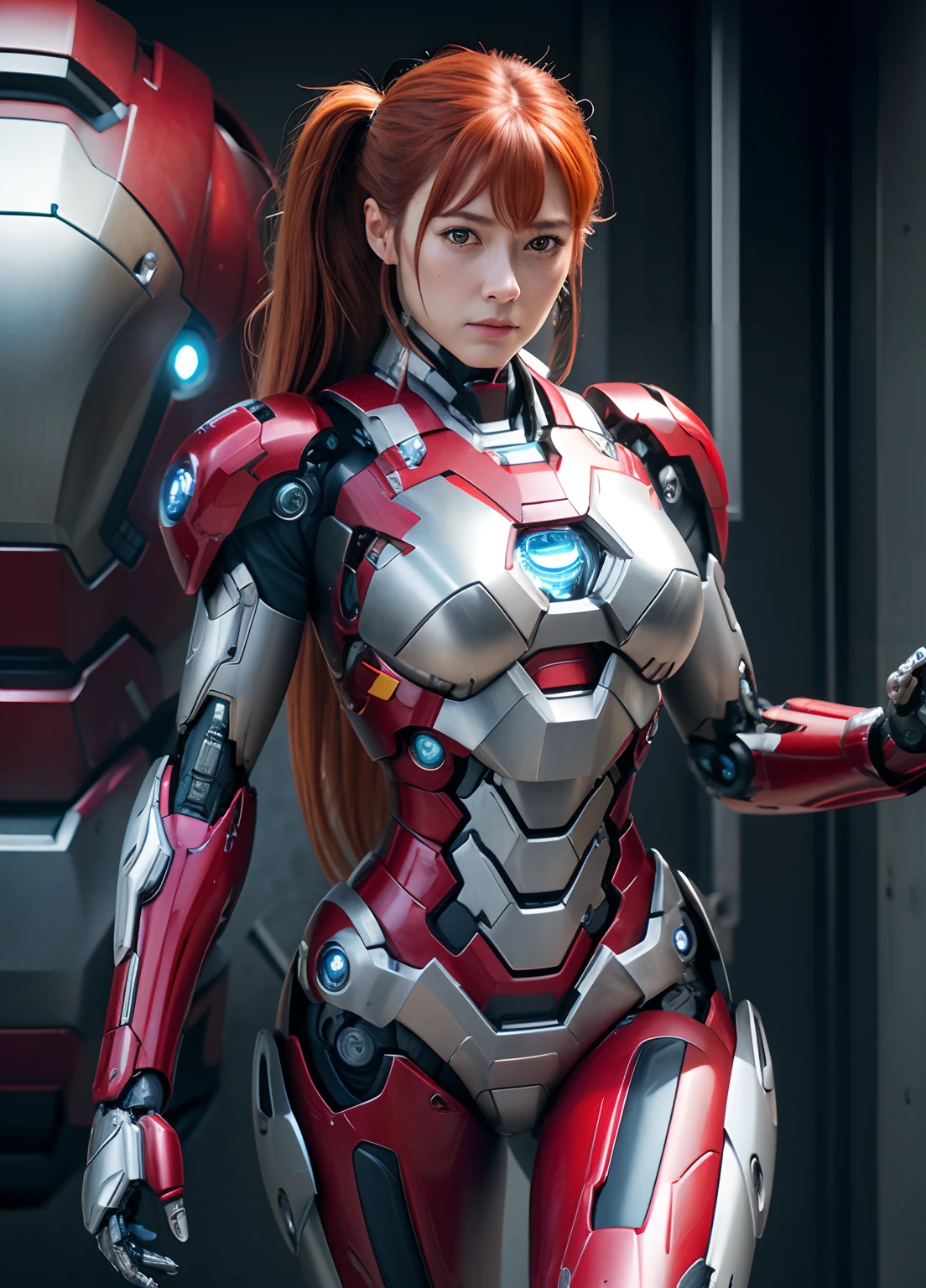 Textured skin, Super Detail, high details, High quality, Best Quality, hight resolution, 1080p, hard disk, Beautiful,(ironman),beautiful cyborg woman,Mecha Cyborg Girl,Battle Mode,Girl with a Mecha Body,She wears a Pepper Potts Rescue mech