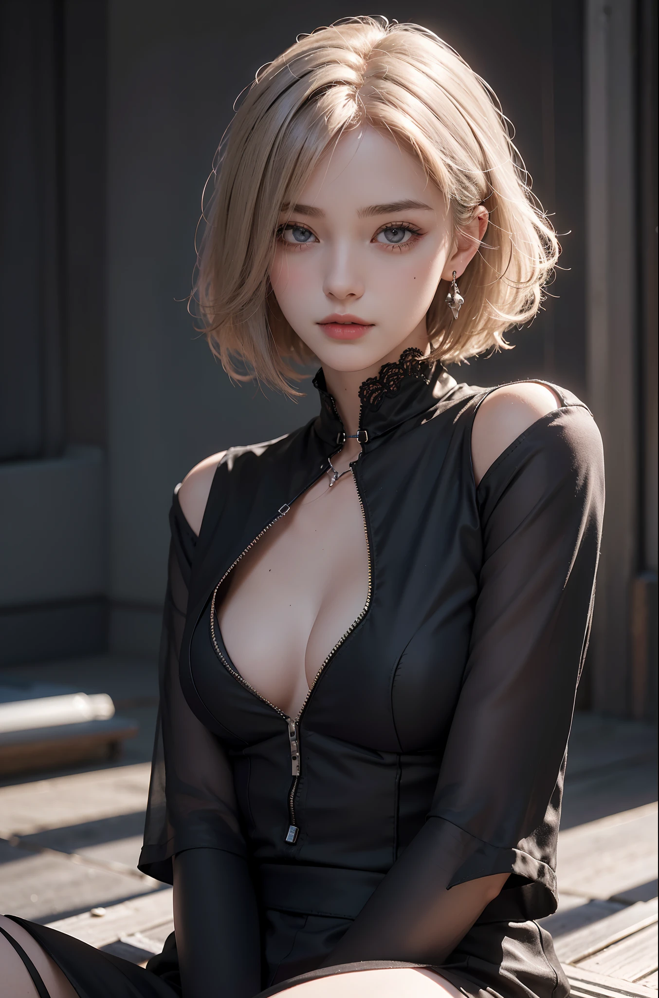 (RAW photo, Best quality), ((Nostalgia,1980s syle)),(Punk girl:1.2),(Realistic, photo-realistic:1.3), (a flat chest:1.3), (short detailed hair), outside,Very pale skin,hyperdetailed face, Detailed lips,, Fine eyes, Double eyelids, Skinny Gothic clothing,（black t-shirts:1.5）,gaming headphone, Extremely delicate and beautiful, Amazing, finedetail, Masterpiece, Ultra-detailed, A high resolution,Best Illustration, Best shadow,Intricate,Depth of field,(Close-up portrait of a young and beautiful maiden:1.2),Heterochromic pupils,(Shy smile),(Movie Angle),Sharp focus, volume fog, 8K  UHD, Digital SLR, High quality,( filmgrain:1.4), Fujifilm XT3,(view the viewer), Pale skin,Sit Pose