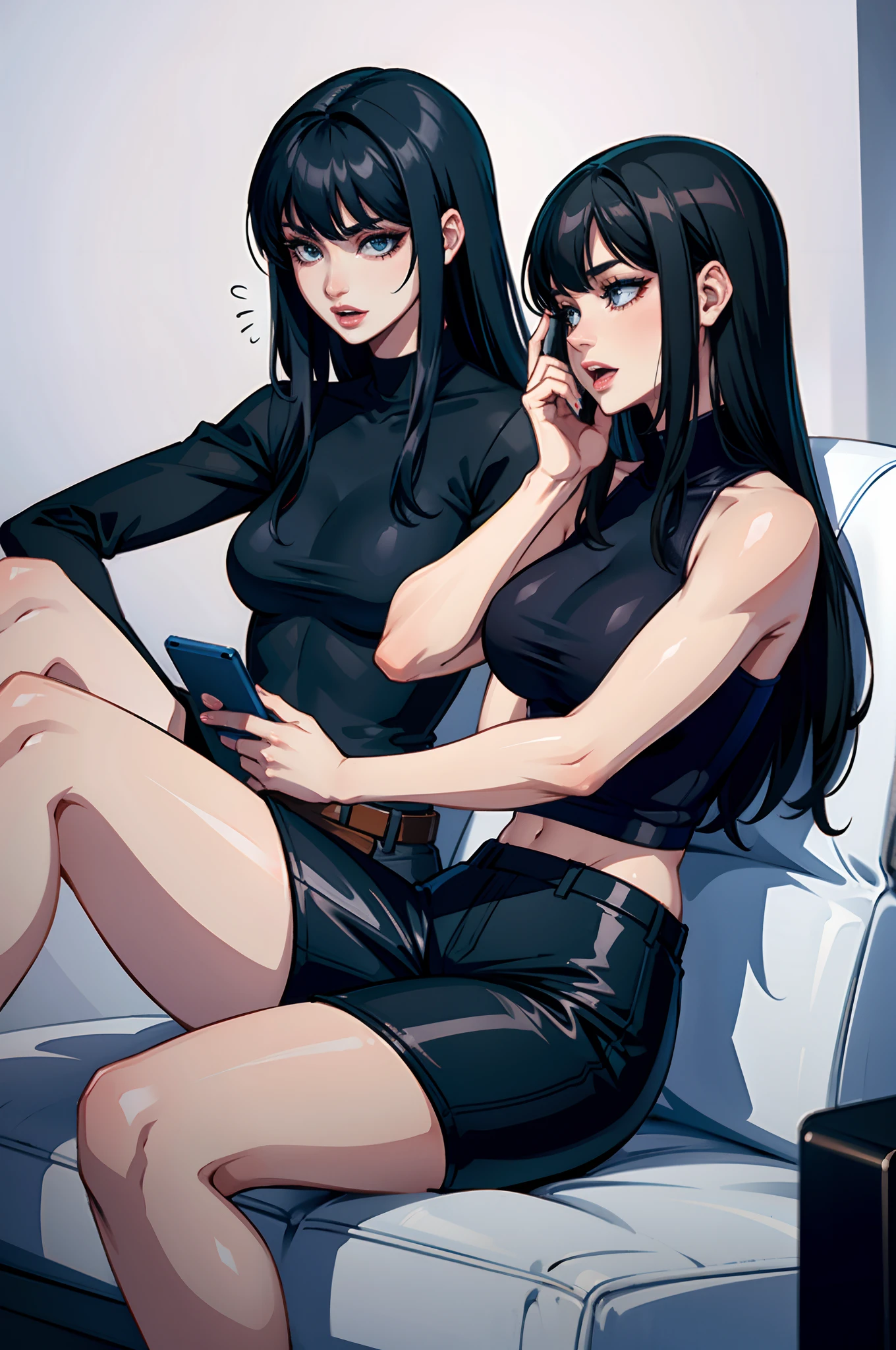 Woman, long black hair with bangs, pale skin, black shirt, black mini shorts, looking to the side distracted, sitting on the sofa, talking on the cell phone, on a cell phone call, talking, open mouth, attractive look, mature face, deep slanted eyes, muscular body, defined biceps, thick legs, slim waist, talking on the cell phone, on a cell phone call