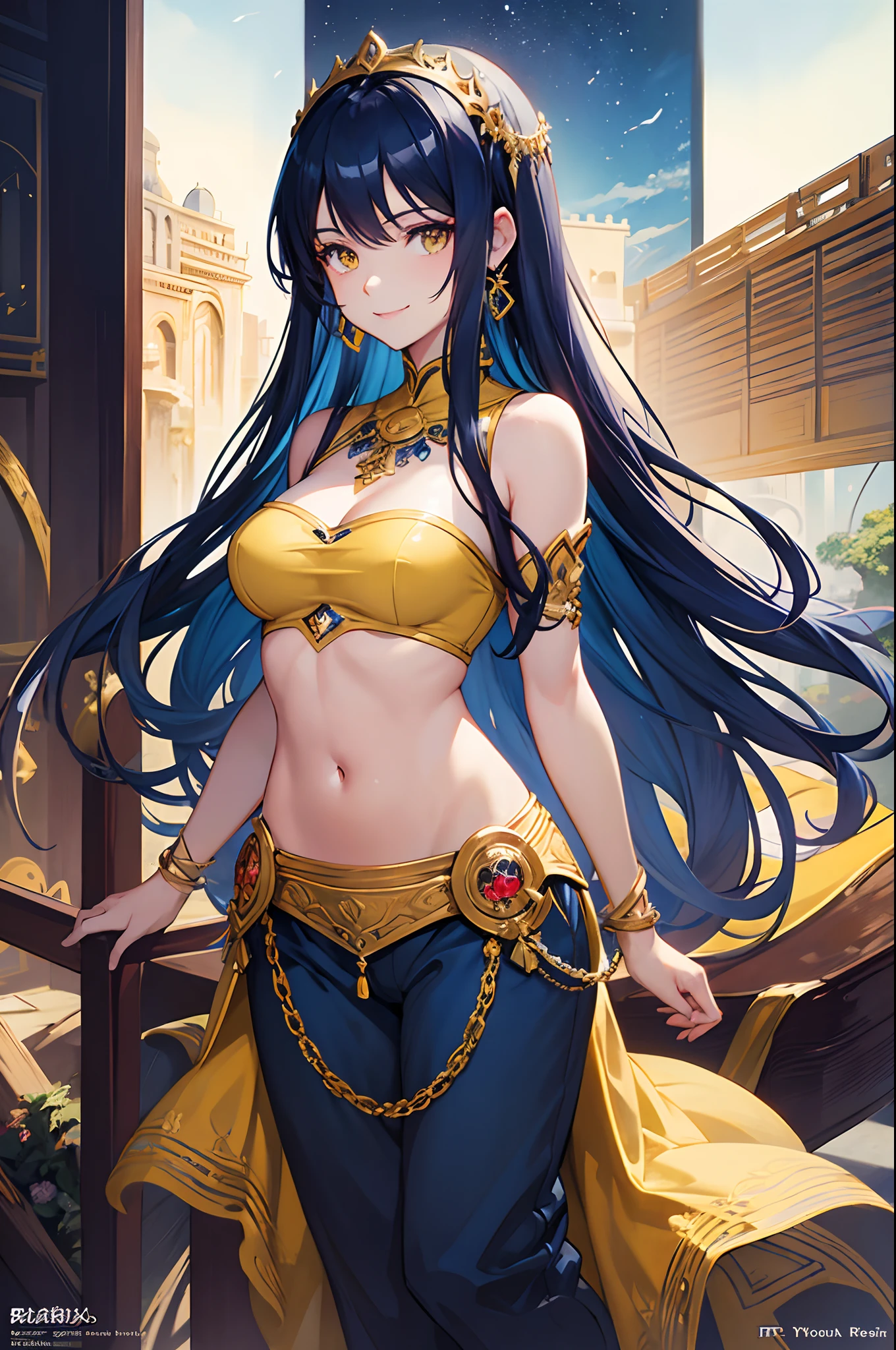 portrait of a concubine with black hair, dark skin, blue eyes, medium breasts, curvy body, thick thighs, dark blue silk dress, light blue robe, embroidery, armlets, bangle, blue gemstone and gold jewelry, ancient hair accessories, highres, high quality 