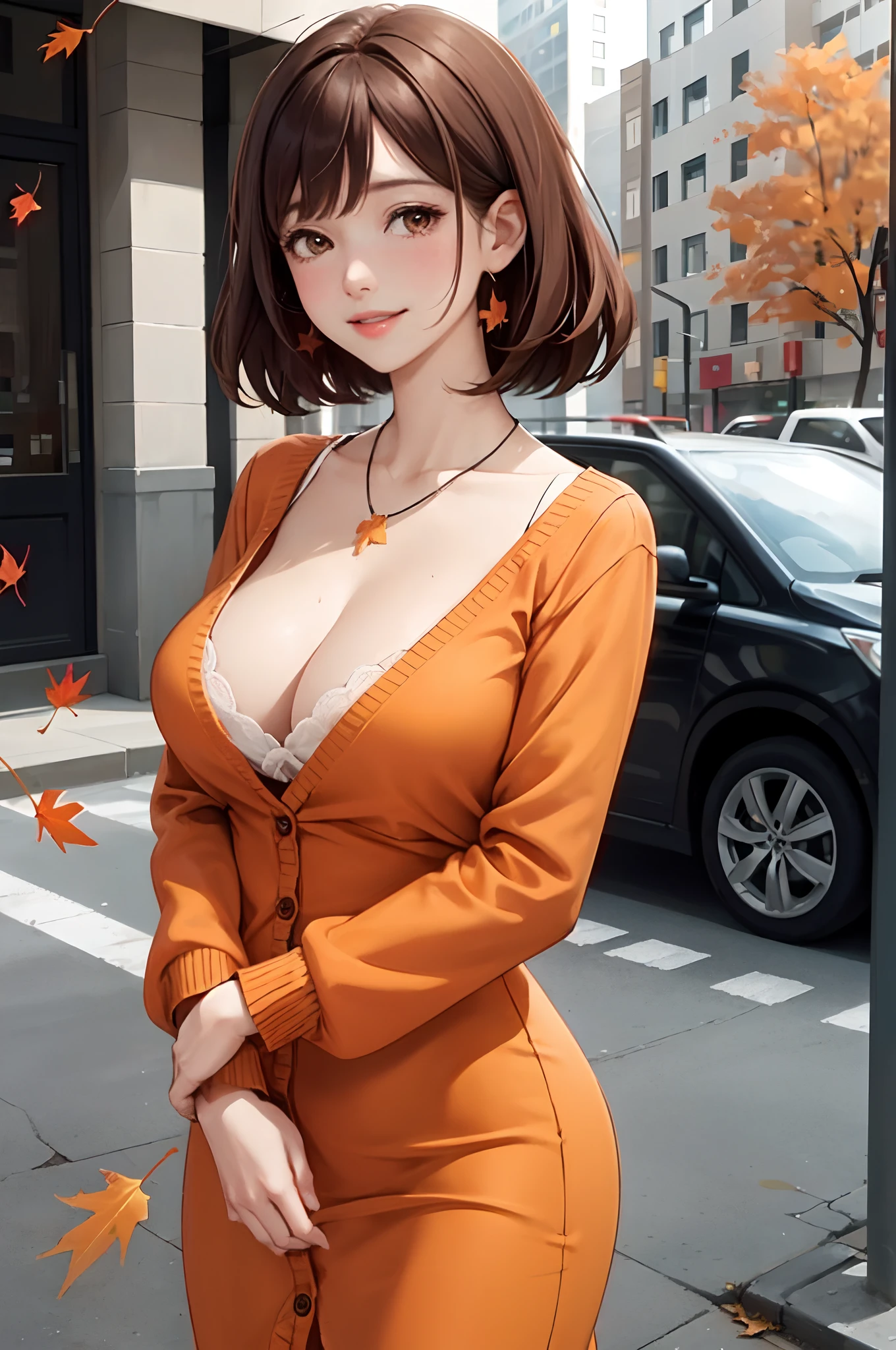 1lady standing, mature female, /(pencil dress/) /(orange dress/) necklace, /(cardigan on shoulder/), /(brown hair/) bangs, blush kind smile, (masterpiece best quality:1.2) delicate illustration ultra-detailed, large breast, arms down BREAK /(streets of Canada/), maple fallen leaves, detailed background