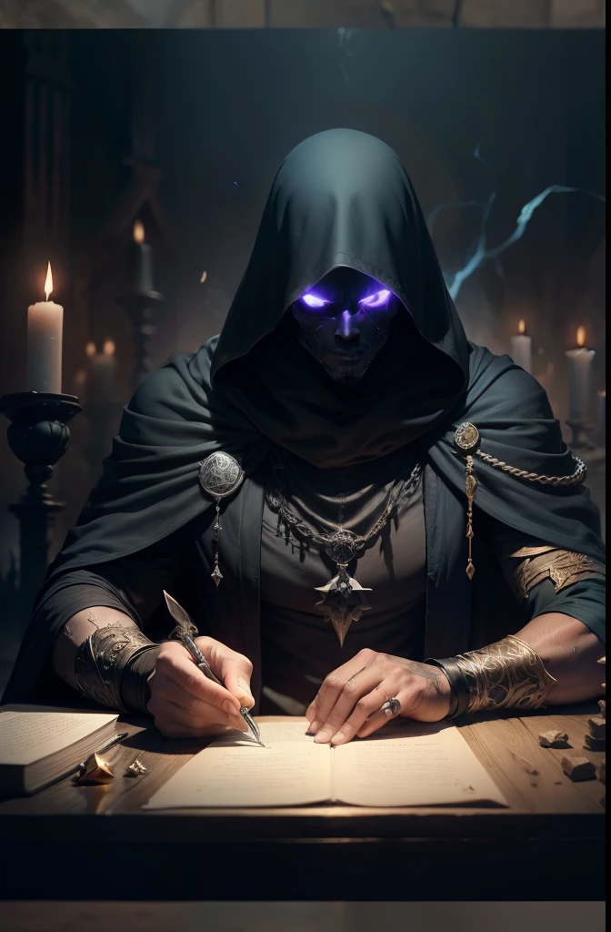 Dramatic scene of a person holding a chain in a centered dark room, necromante de capa escura, an arcane wizard casting a spell, feiticeiro malvado, feiticeiro masculino malvado, Lich Vecna (d&d), mago das trevas, Cultist, Mascara de ferro, Arte do Jogo de Cartas de Fantasia, oCultista, Mago morto-vivo, Wraith com capuz escuro, postura imponente, fundo dramatico, obscuro