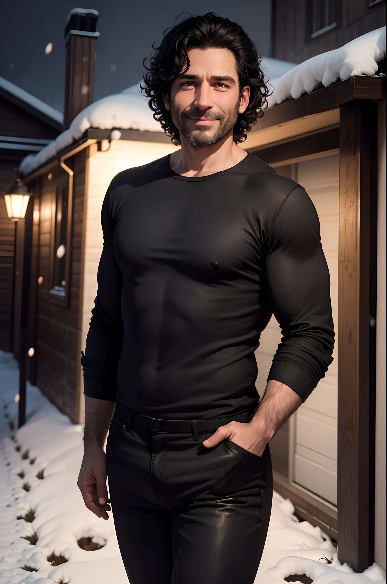 realistic, 8k image of a 40 year old man, man, medium sized curly black hair, strong, mocking smile, dressed in a casual black blouse and black pants, leaving a dark house, snow, night