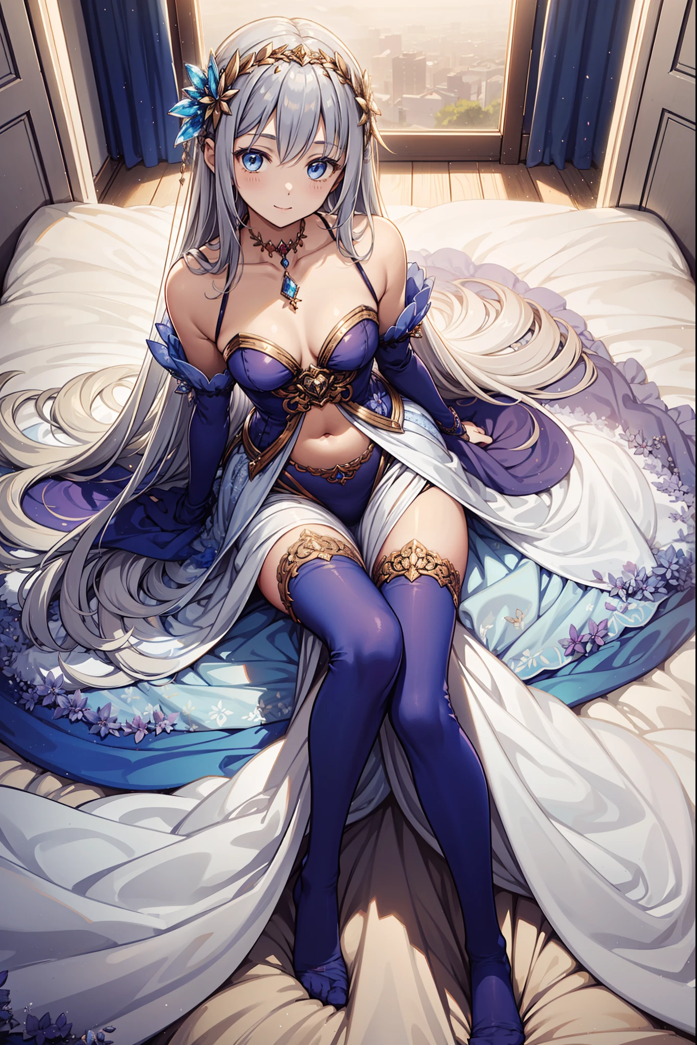 teens girl，Enchanted，having fun，Being in love，Light white princess dress in fantasy world，Light silver hair，eBlue eyes，A small amount of lilac cloth，A small amount of sky blue cloth，(see-through transparent clothes)，(exquisite costumes)，Delicate pattern，Bedrooms，solo person，the night，Simple pantyhose，A small amount of lace，Dazzle，