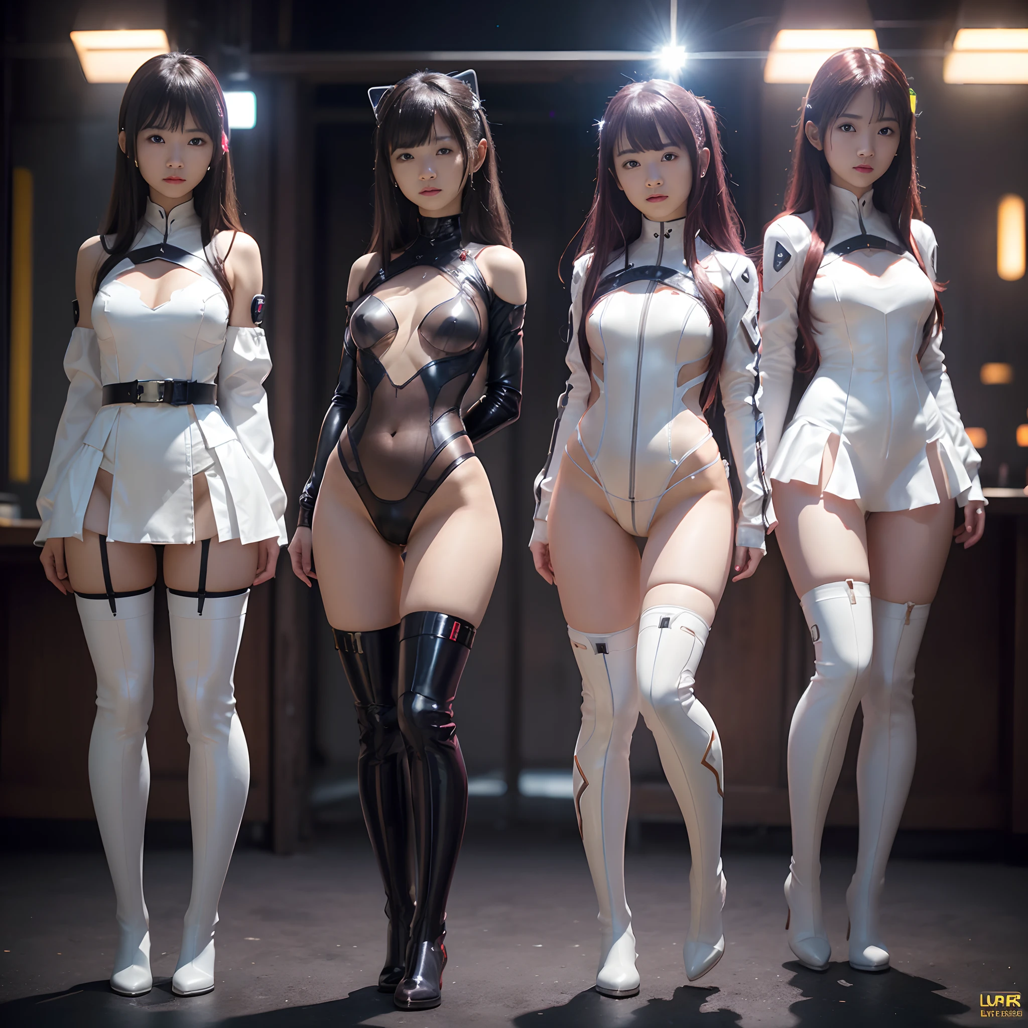 Photorealsitic:1.5), Future Girl, japanes,23years old、dark maroon hair、(Cyberpunk Art、Cyberpunk architecture、 Standing Pose、Full body like、) ,Exposure of the abdomen,Standing Pose、Full body like、((Sci-fi details and worldview))、(((Crimson bodysuit、garterbelts、Arm Cover、Crimson panties&bura、Transparent Panty House、Long White Leather Boots)))、Looking at the camera, dynamicposes, scientific fiction, nffsw, Ray traching, NVIDIA RTX, Hyper-Resolution, Unreal 5, Sub-surface scattering, PBR Texturing, post processed, Anisotropy Filtering, depth of fields, Maximum clarity and sharpness, thirds rule、(Luminescent particles:1.4)、(extremely details CG、Unity 8k Wallpapers、。.。.。.。.。.3D、lighting like a movie、lensflare)、Reflectors、foco nítido、((Sci-fi details and worldview))、Looking at the camera、Shining eyes、ssmile、Constricted waist、enchanting posture、sexy pose、Rembrandt rays、Soft light、Simple background、Dark background、realistic representation of face、(top-quality、Nikon RAW Photos、8 K、Kodachrome、masterpiece、超A high resolution)
