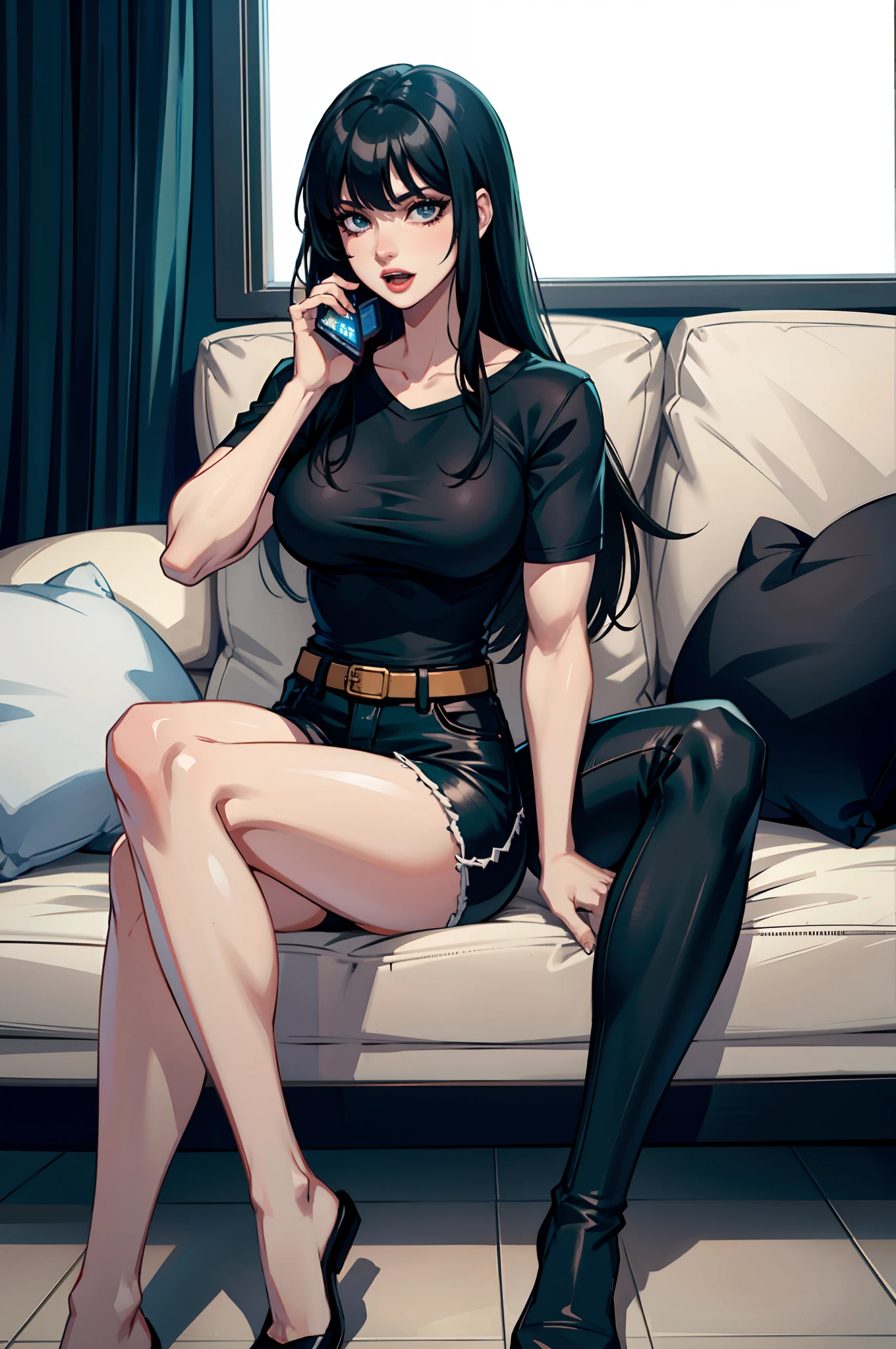 Woman, long black hair with bangs, pale skin, black shirt, black mini shorts, looking to the side distracted, sitting on the sofa, talking on the cell phone, on a cell phone call, talking, open mouth, attractive look, mature face, deep slanted eyes, muscular body, defined biceps, thick legs, slim waist, talking on the cell phone, on a cell phone call